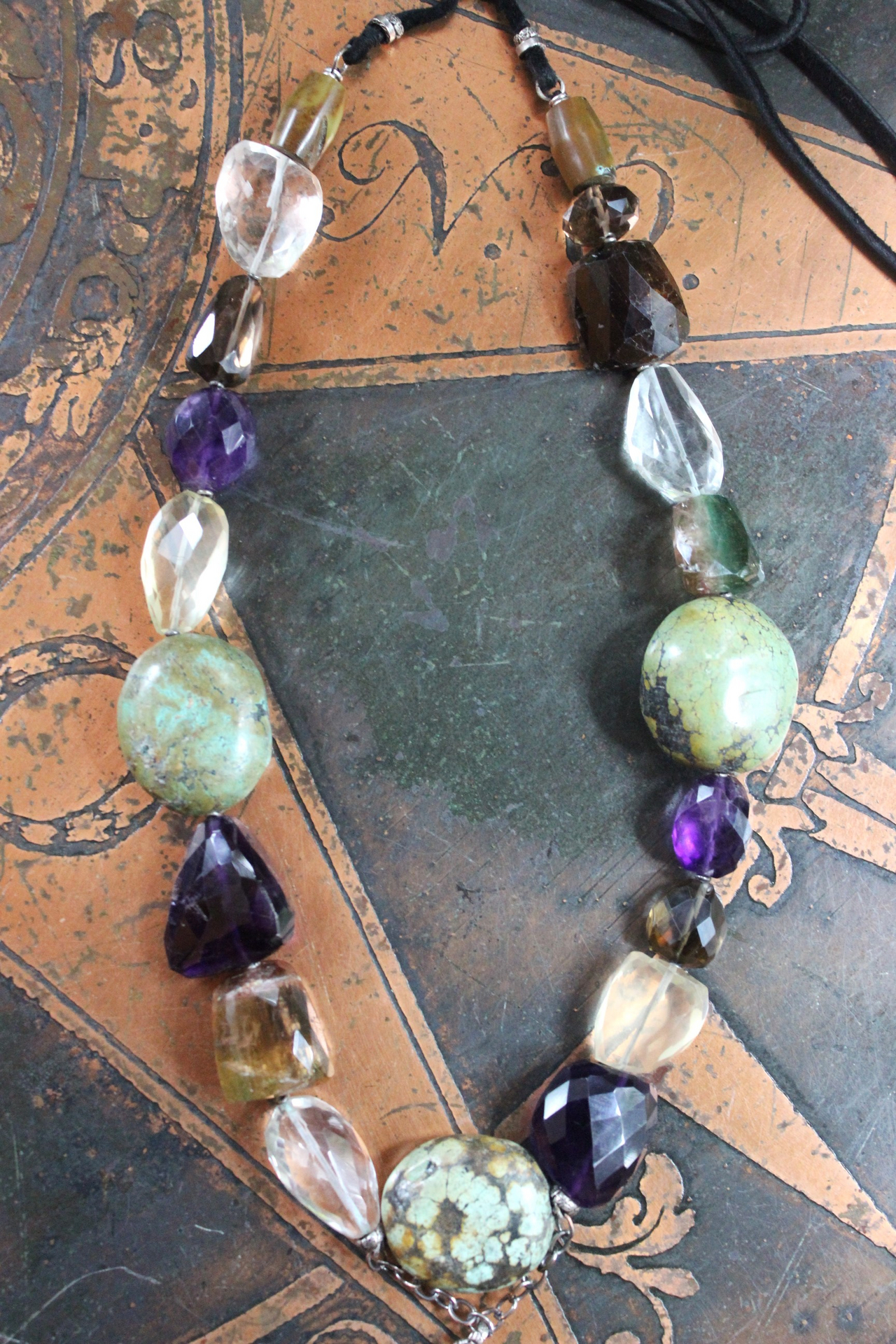 SOLD to J Faceted Gemstone Necklace with Amethyst,Smoky Topaz,Tourmaline,Lemon Quartz,Rock Quartz, Old Royston Turquoise Stones & Premium Black Leather Tassel