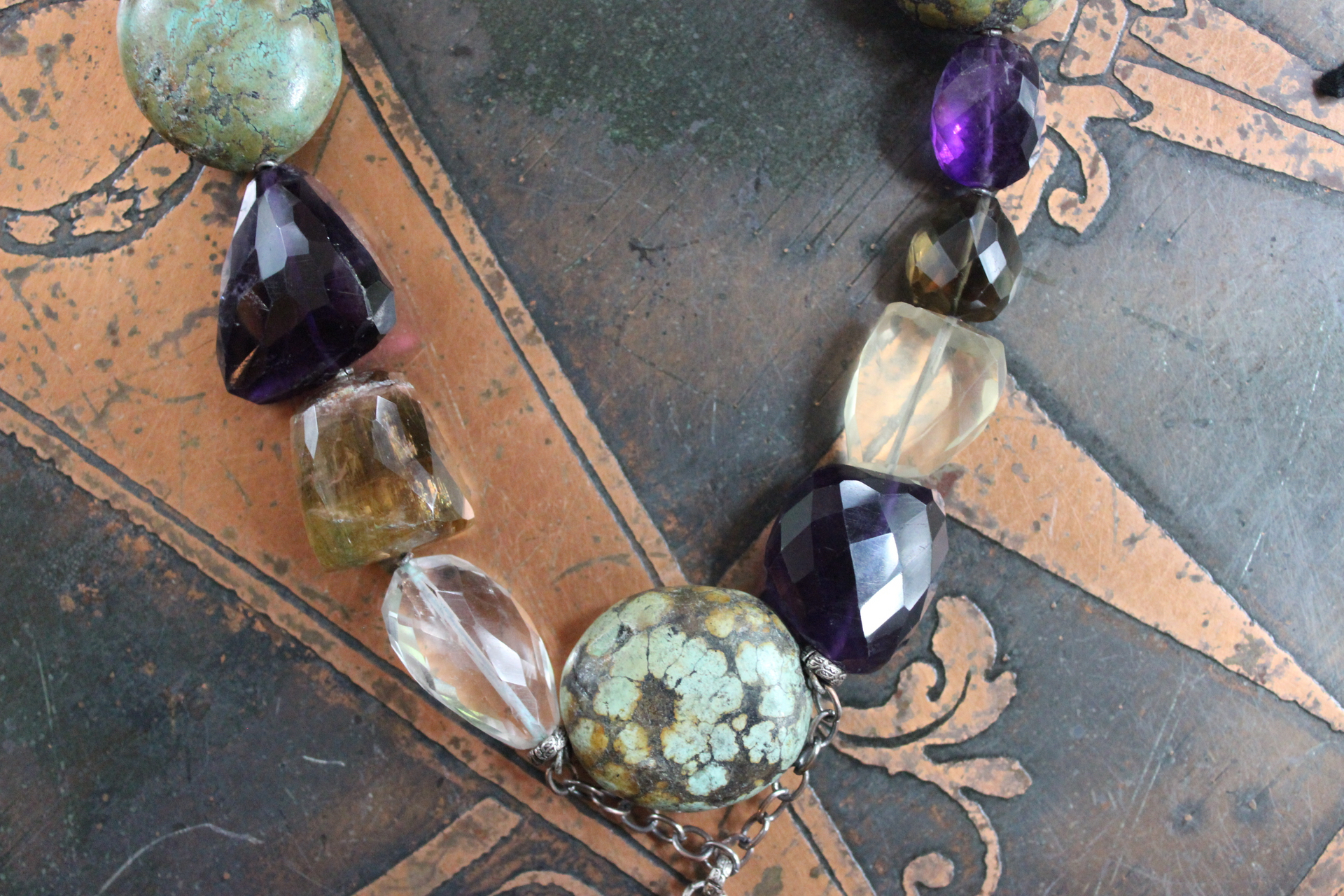 SOLD to J Faceted Gemstone Necklace with Amethyst,Smoky Topaz,Tourmaline,Lemon Quartz,Rock Quartz, Old Royston Turquoise Stones & Premium Black Leather Tassel