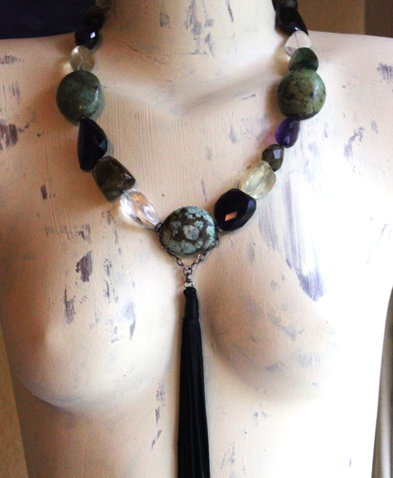 SOLD to J Faceted Gemstone Necklace with Amethyst,Smoky Topaz,Tourmaline,Lemon Quartz,Rock Quartz, Old Royston Turquoise Stones & Premium Black Leather Tassel