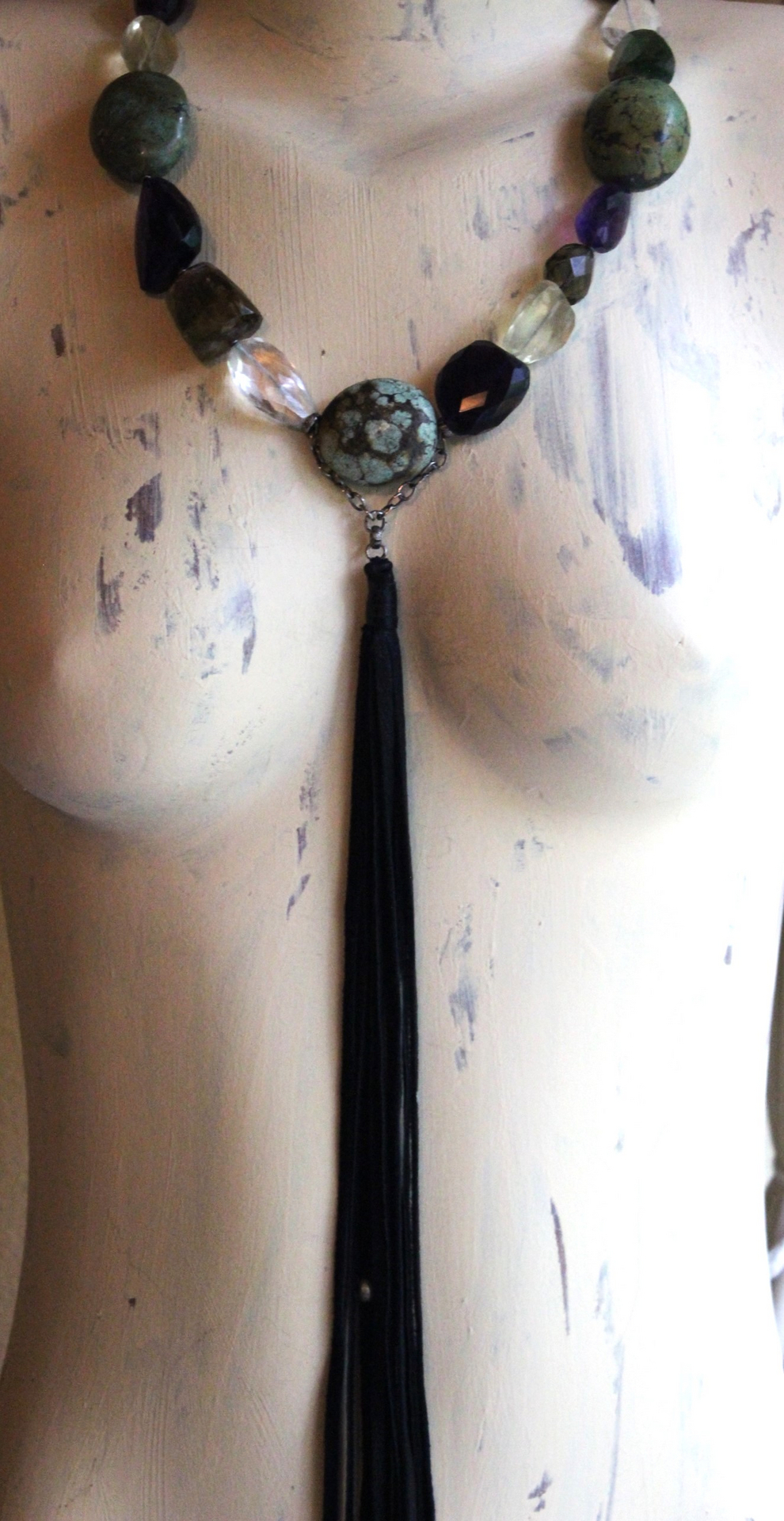 SOLD to J Faceted Gemstone Necklace with Amethyst,Smoky Topaz,Tourmaline,Lemon Quartz,Rock Quartz, Old Royston Turquoise Stones & Premium Black Leather Tassel