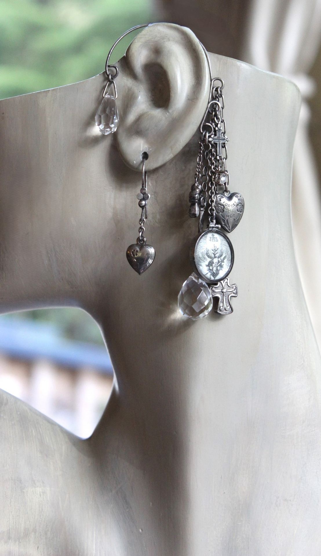 Sterling Ear Cuff & Single Sterling Earring Set with Sterling Crosses,Sacred Heart under Glass Drop,Faceted Rock Crystal Drops & More!