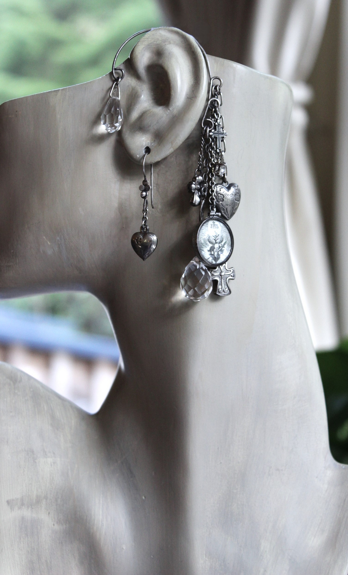 Sterling Ear Cuff & Single Sterling Earring Set with Sterling Crosses,Sacred Heart under Glass Drop,Faceted Rock Crystal Drops & More!