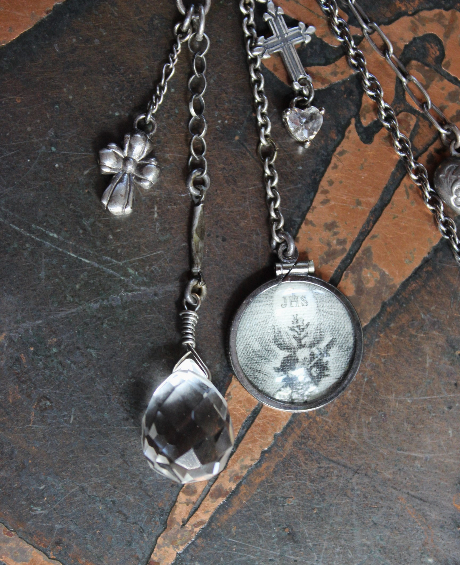 Sterling Ear Cuff & Single Sterling Earring Set with Sterling Crosses,Sacred Heart under Glass Drop,Faceted Rock Crystal Drops & More!