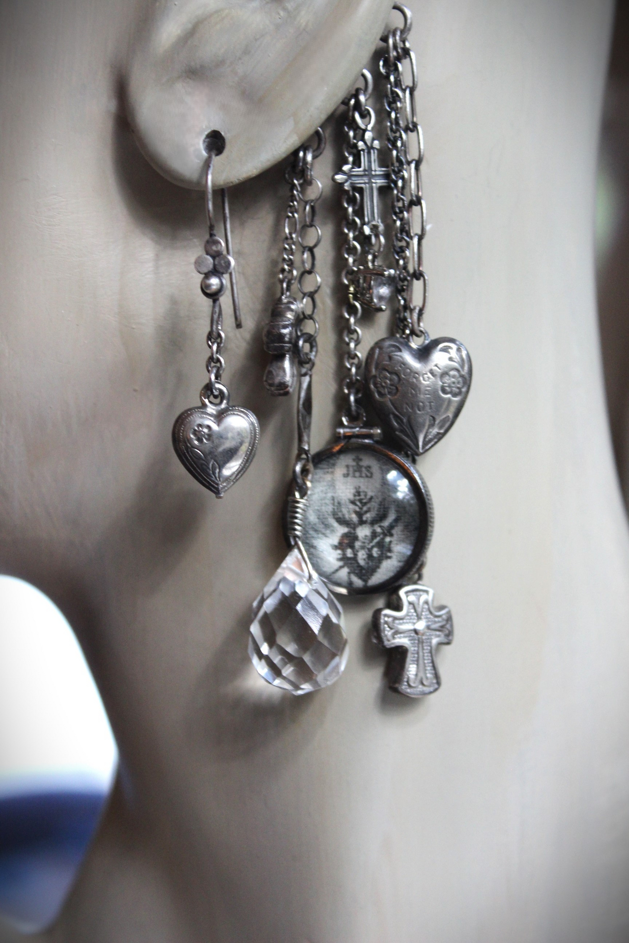 Sterling Ear Cuff & Single Sterling Earring Set with Sterling Crosses,Sacred Heart under Glass Drop,Faceted Rock Crystal Drops & More!