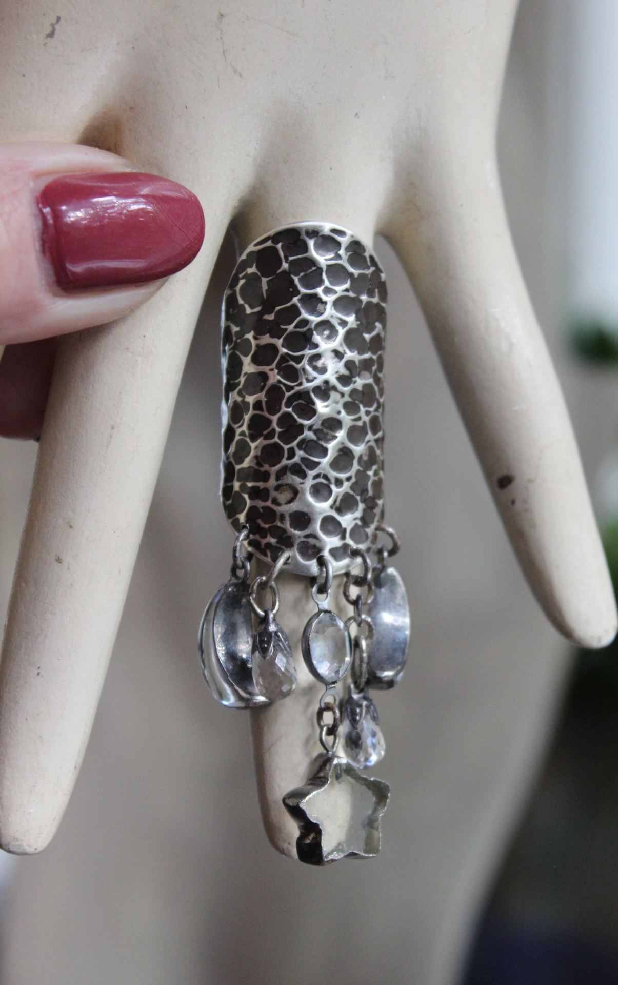 NEW! Be that with Me Ring with Long Sterling Moonscape Band, Polished Rock Quartz Crescent Moons & Star Drops,Tiny Faceted Rock Crystal Tear Drops