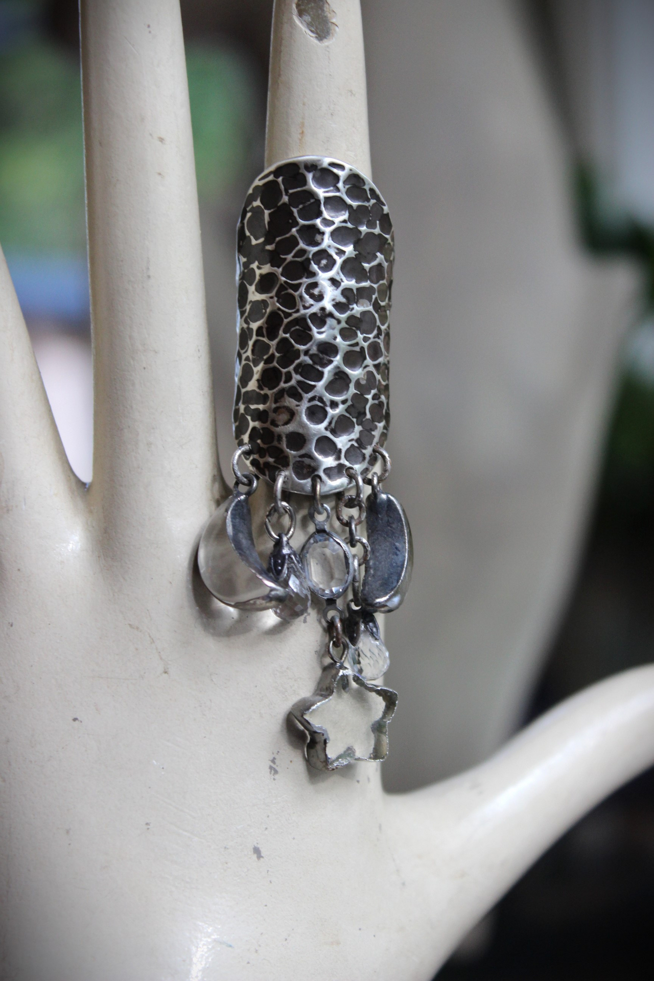 NEW! Be that with Me Ring with Long Sterling Moonscape Band, Polished Rock Quartz Crescent Moons & Star Drops,Tiny Faceted Rock Crystal Tear Drops
