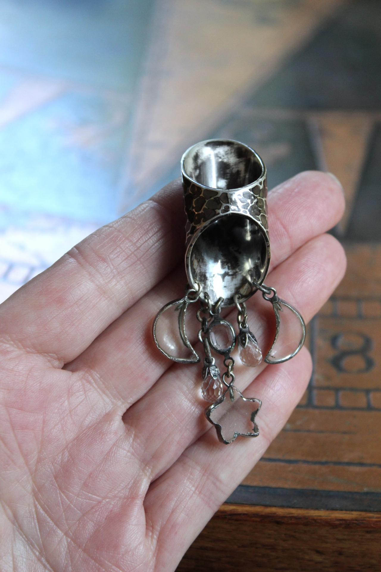 NEW! Be that with Me Ring with Long Sterling Moonscape Band, Polished Rock Quartz Crescent Moons & Star Drops,Tiny Faceted Rock Crystal Tear Drops