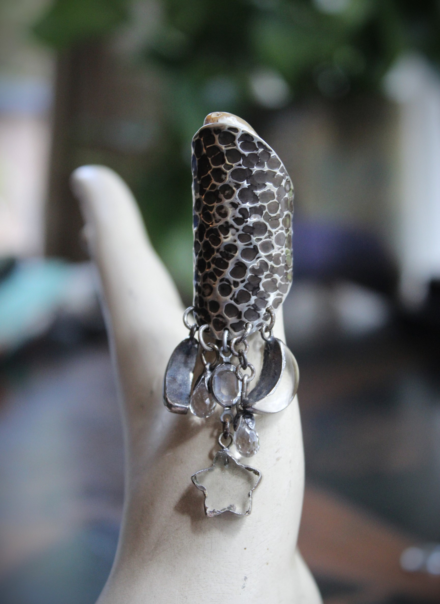 NEW! Be that with Me Ring with Long Sterling Moonscape Band, Polished Rock Quartz Crescent Moons & Star Drops,Tiny Faceted Rock Crystal Tear Drops