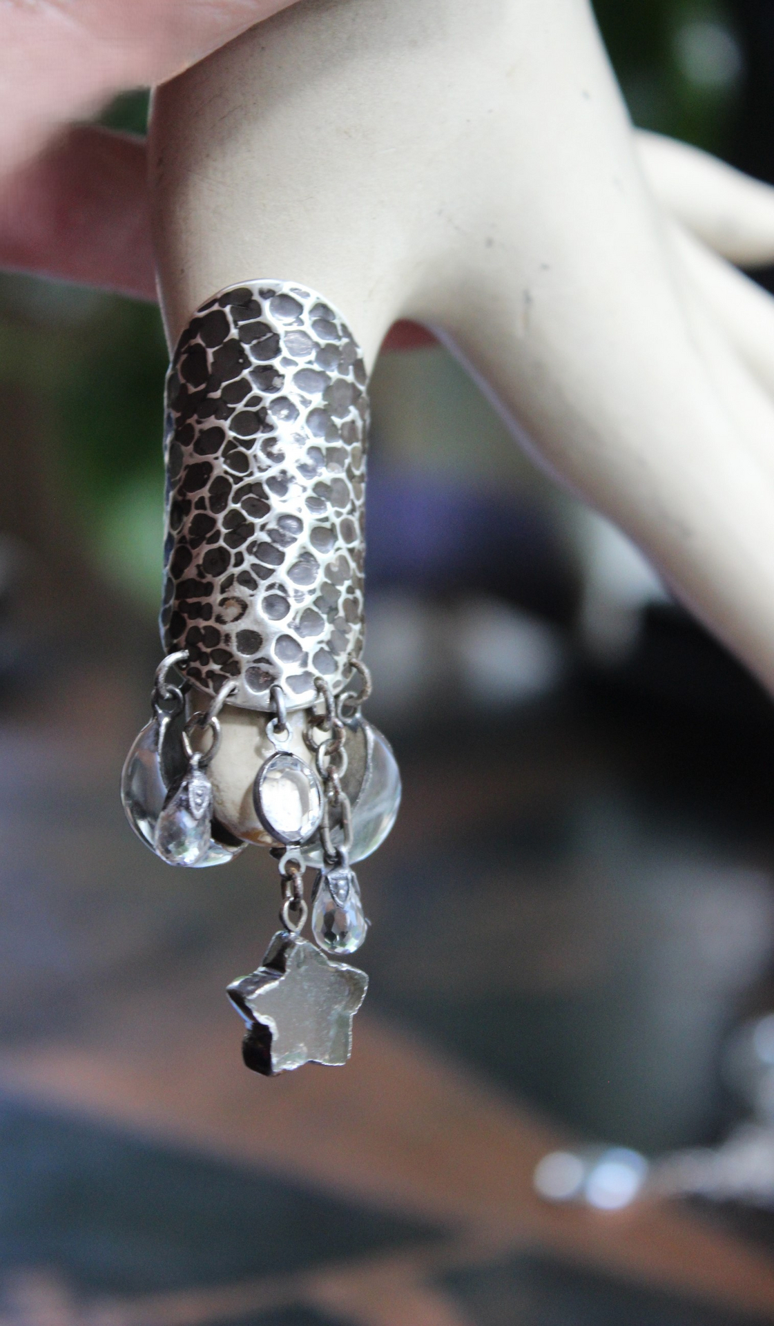 NEW! Be that with Me Ring with Long Sterling Moonscape Band, Polished Rock Quartz Crescent Moons & Star Drops,Tiny Faceted Rock Crystal Tear Drops