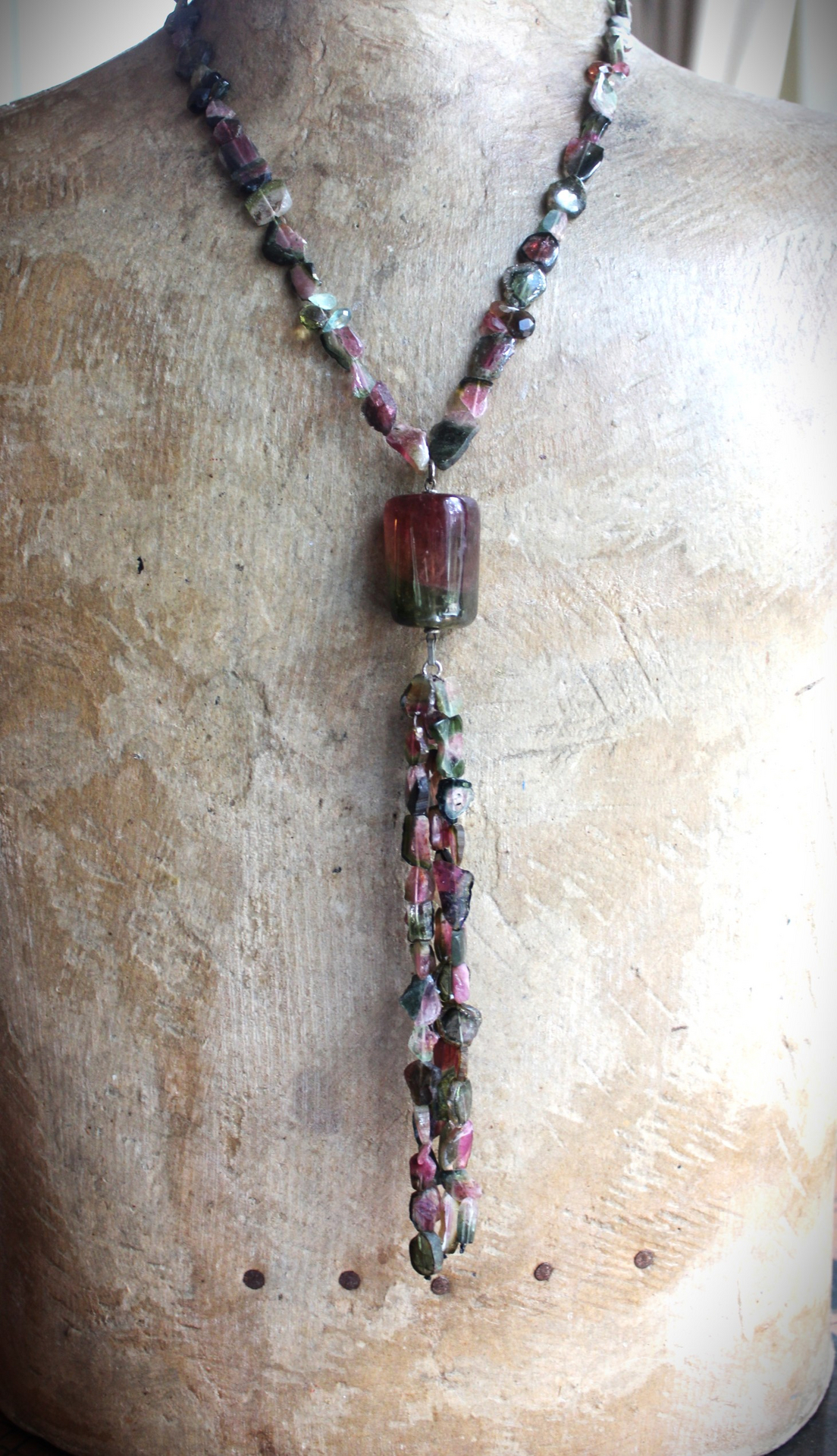 SOLD TO J Extraordinary Watermelon Tourmaline Necklace with Amazing Central Polished Gemstone, Dozens of Sliced Watermelon Pieces & Faceted Gemstone Briolettes