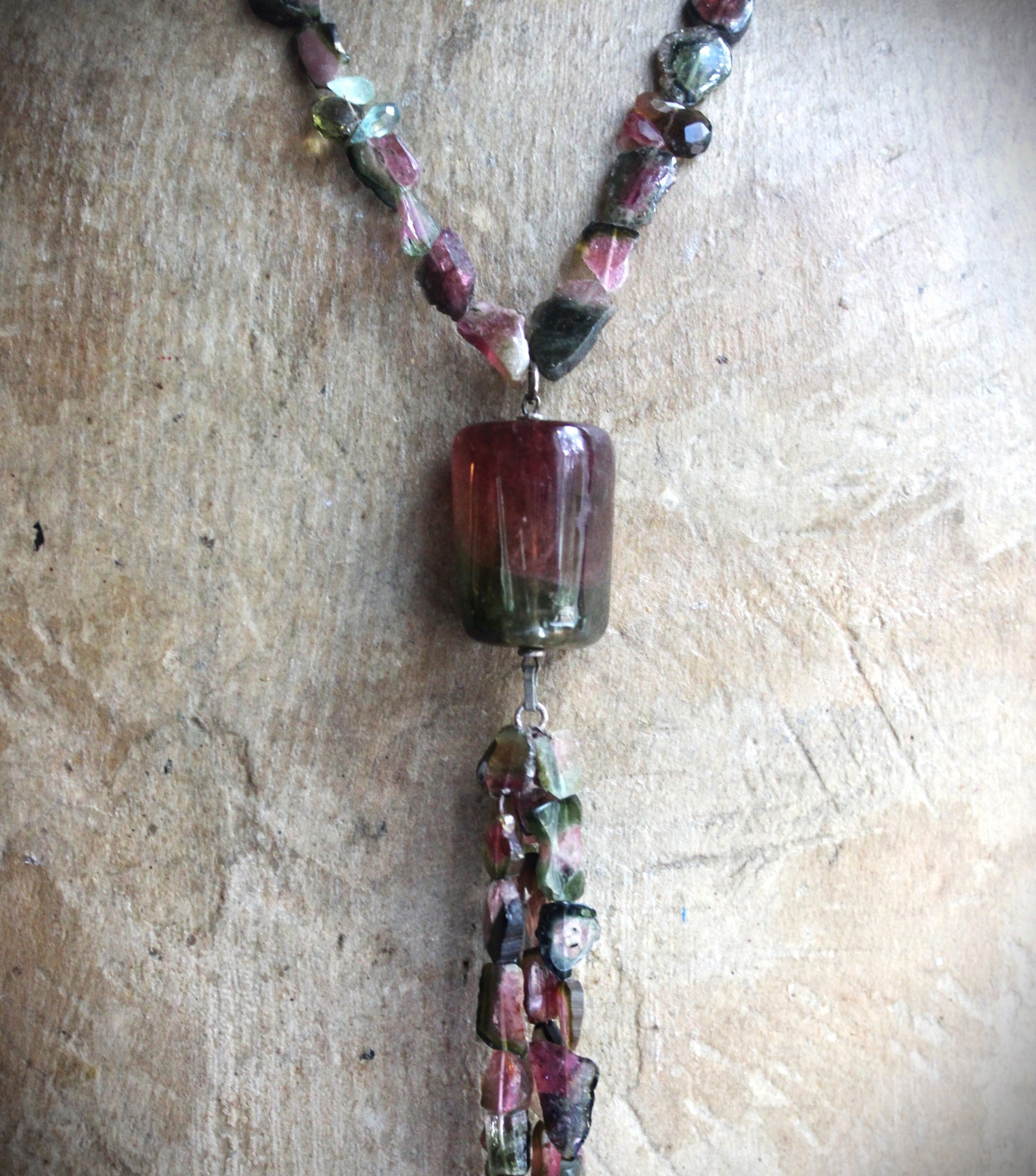 SOLD TO J Extraordinary Watermelon Tourmaline Necklace with Amazing Central Polished Gemstone, Dozens of Sliced Watermelon Pieces & Faceted Gemstone Briolettes