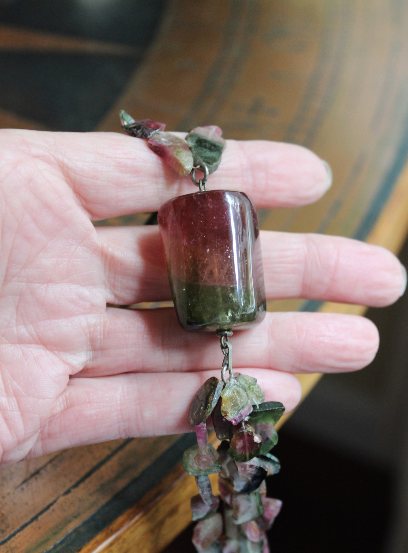 SOLD TO J Extraordinary Watermelon Tourmaline Necklace with Amazing Central Polished Gemstone, Dozens of Sliced Watermelon Pieces & Faceted Gemstone Briolettes