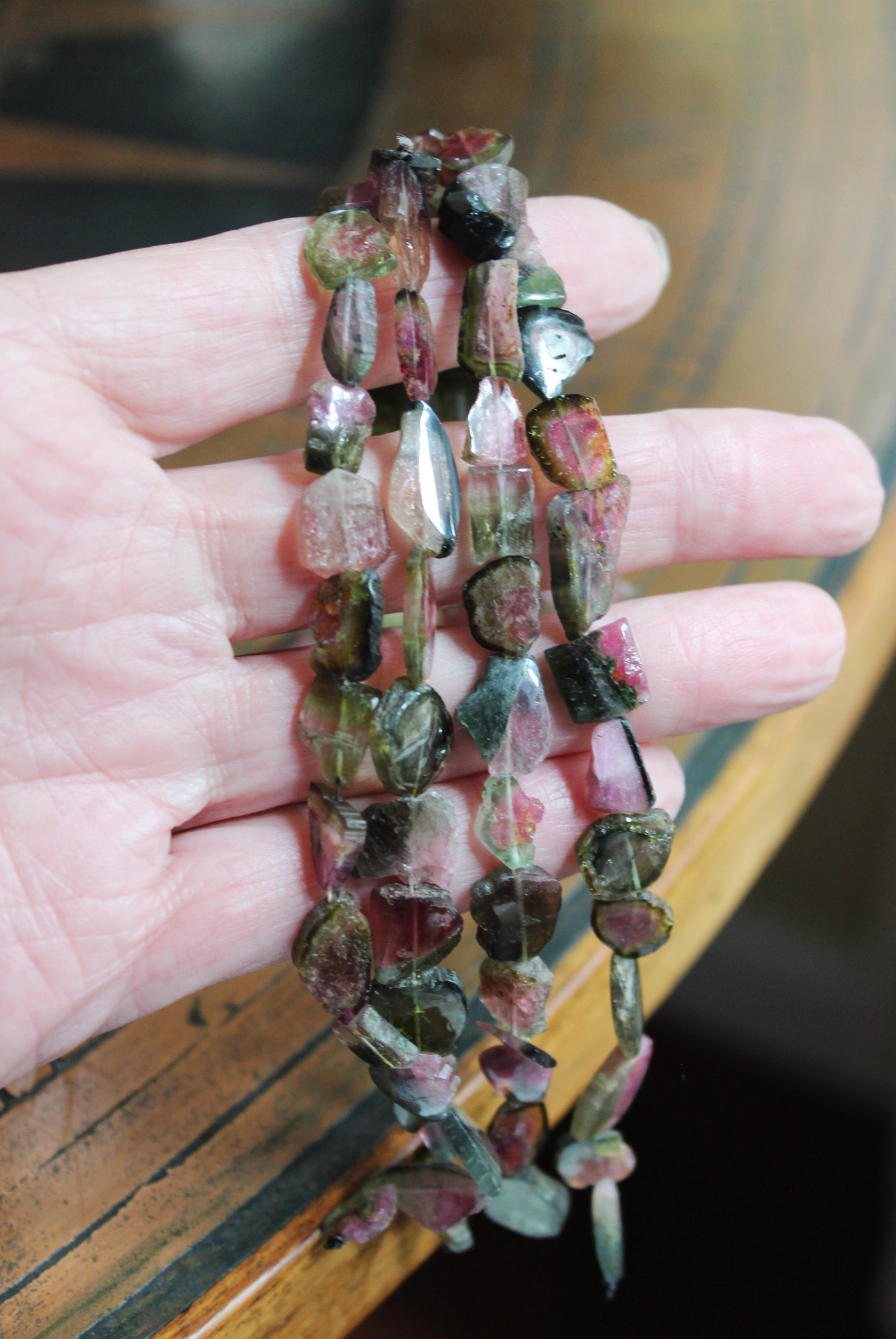SOLD TO J Extraordinary Watermelon Tourmaline Necklace with Amazing Central Polished Gemstone, Dozens of Sliced Watermelon Pieces & Faceted Gemstone Briolettes