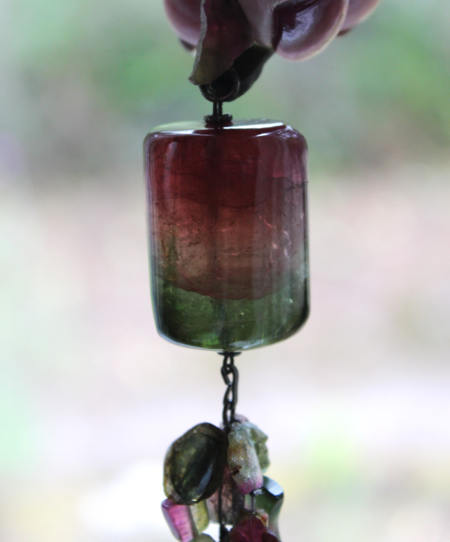 SOLD TO J Extraordinary Watermelon Tourmaline Necklace with Amazing Central Polished Gemstone, Dozens of Sliced Watermelon Pieces & Faceted Gemstone Briolettes