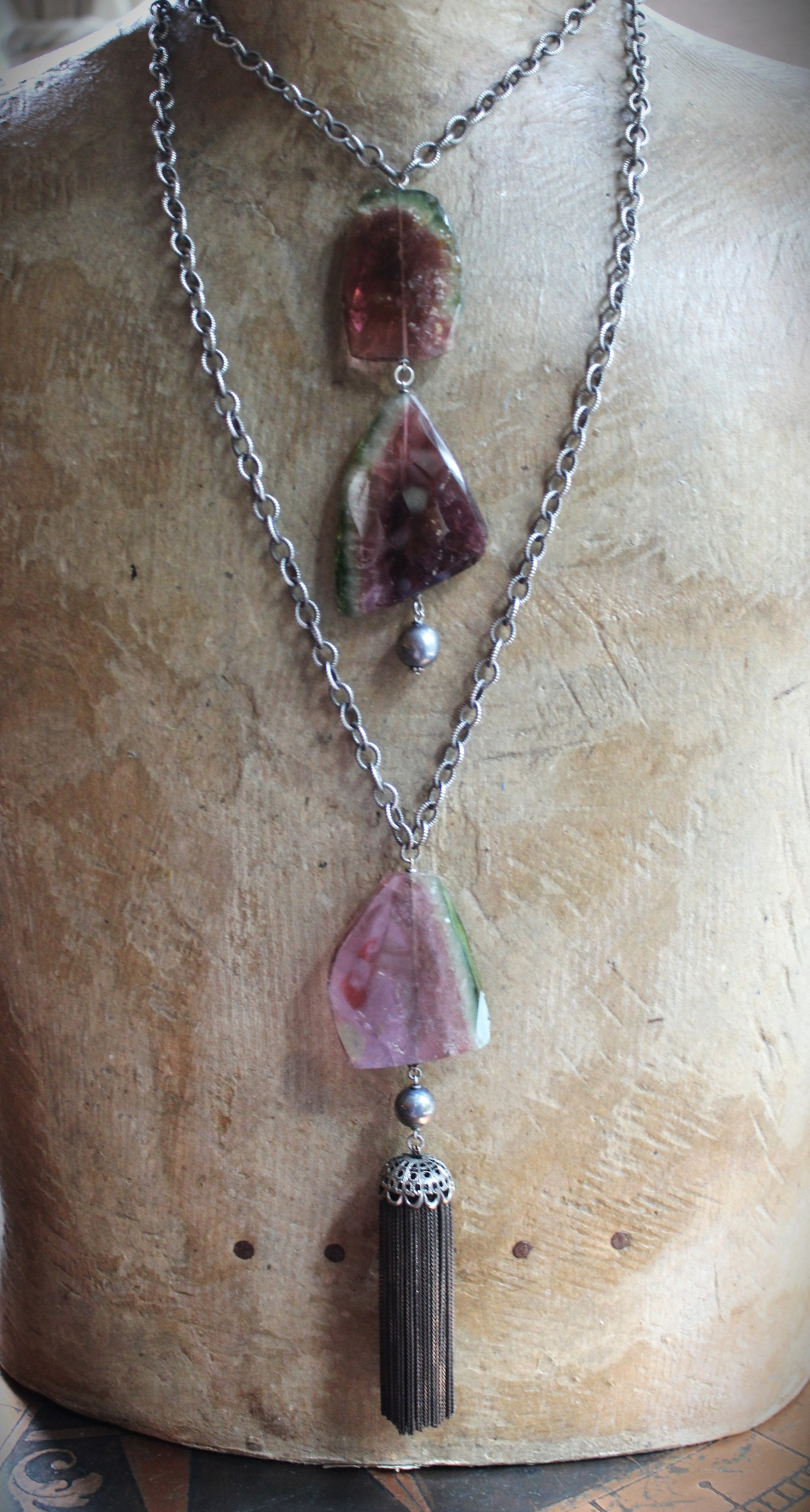 SOLD TO J OOAK Checkerboard Faceted Watermelon Tourmaline Slice Necklace Set with Solid Sterling Chain, Sterling Bead and Antique Wheat Chain Tassel