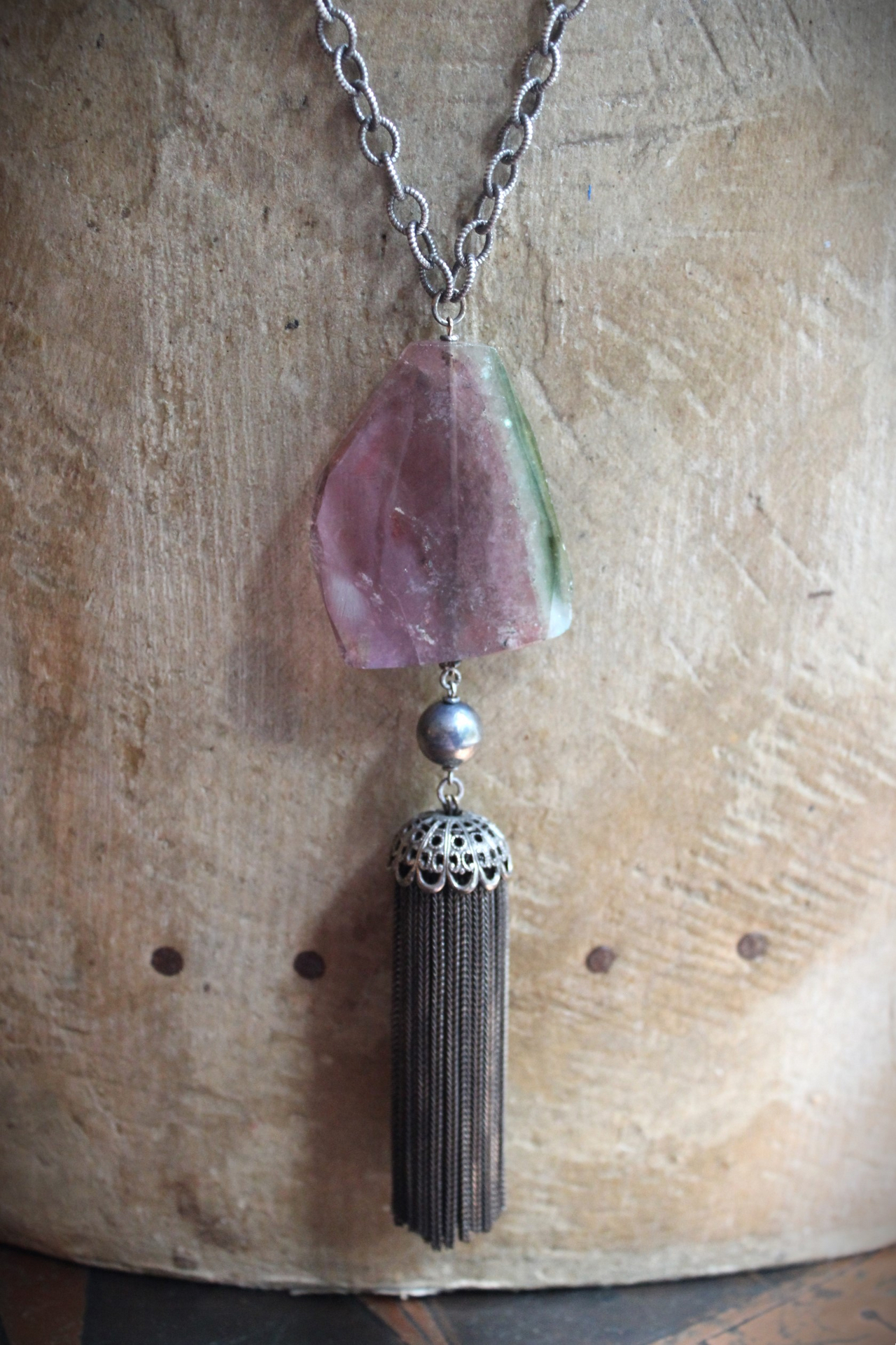 SOLD TO J OOAK Checkerboard Faceted Watermelon Tourmaline Slice Necklace Set with Solid Sterling Chain, Sterling Bead and Antique Wheat Chain Tassel