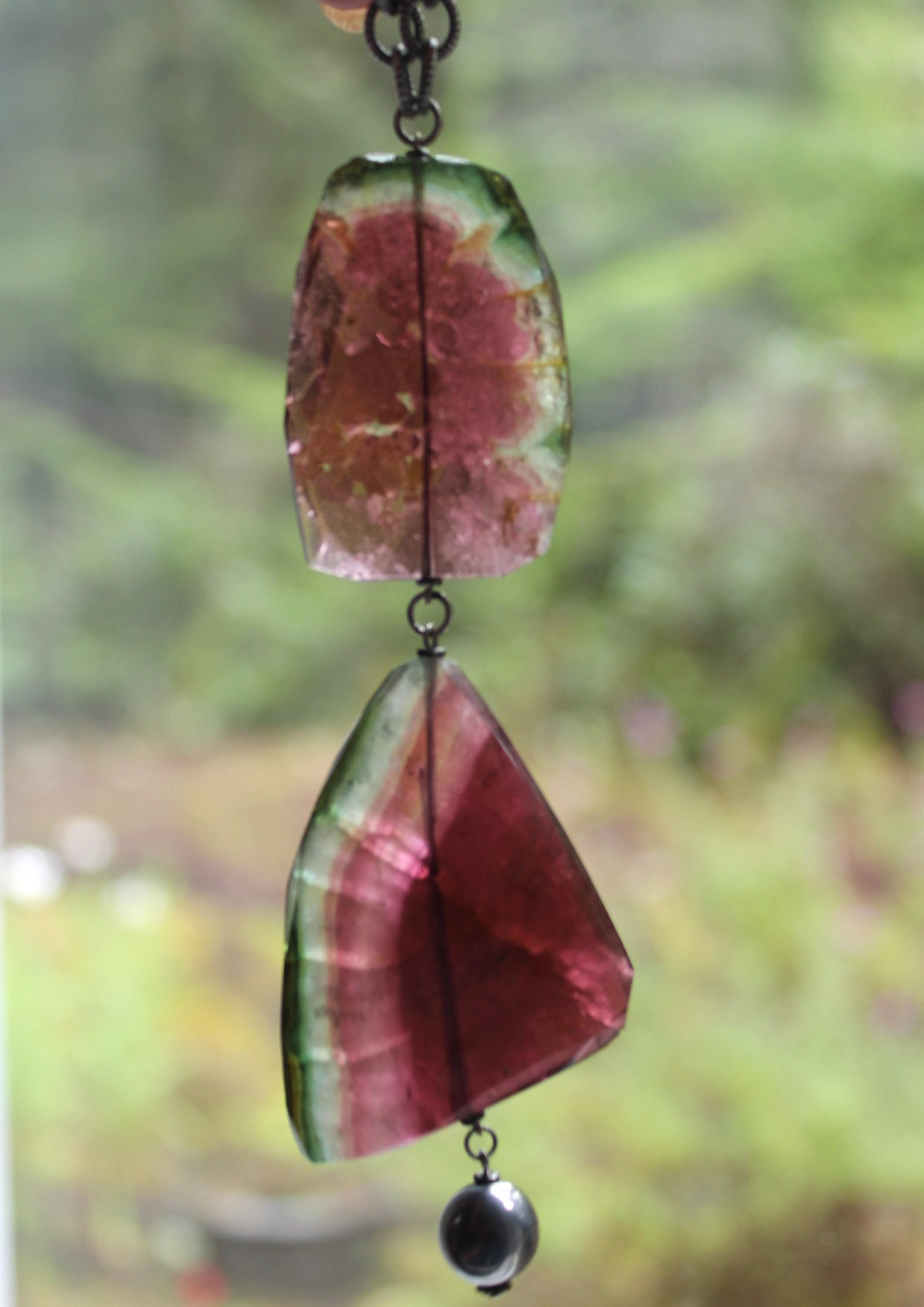 SOLD TO J OOAK Checkerboard Faceted Watermelon Tourmaline Slice Necklace Set with Solid Sterling Chain, Sterling Bead and Antique Wheat Chain Tassel
