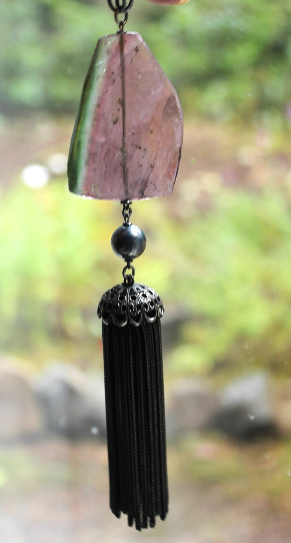SOLD TO J OOAK Checkerboard Faceted Watermelon Tourmaline Slice Necklace Set with Solid Sterling Chain, Sterling Bead and Antique Wheat Chain Tassel