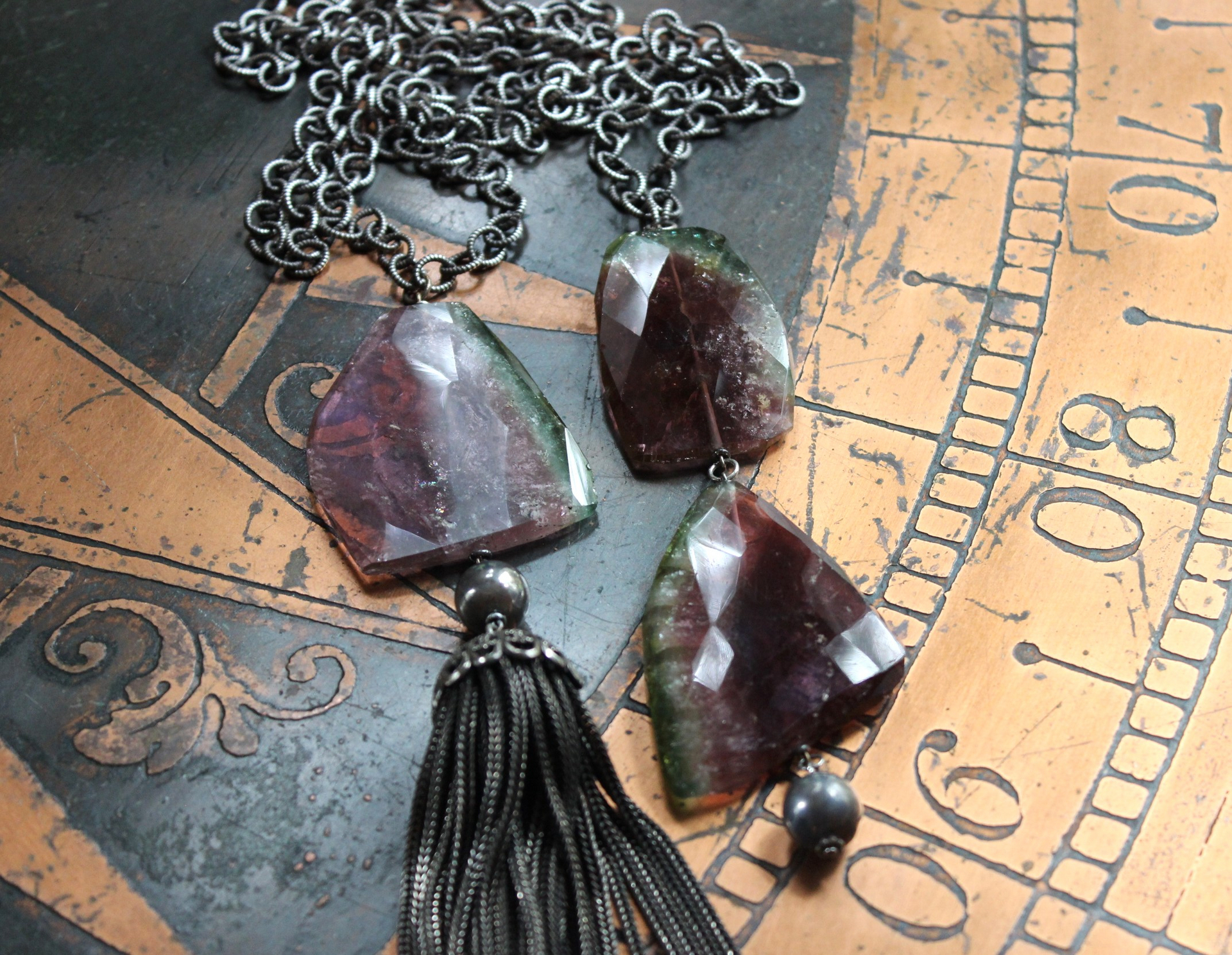 SOLD TO J OOAK Checkerboard Faceted Watermelon Tourmaline Slice Necklace Set with Solid Sterling Chain, Sterling Bead and Antique Wheat Chain Tassel