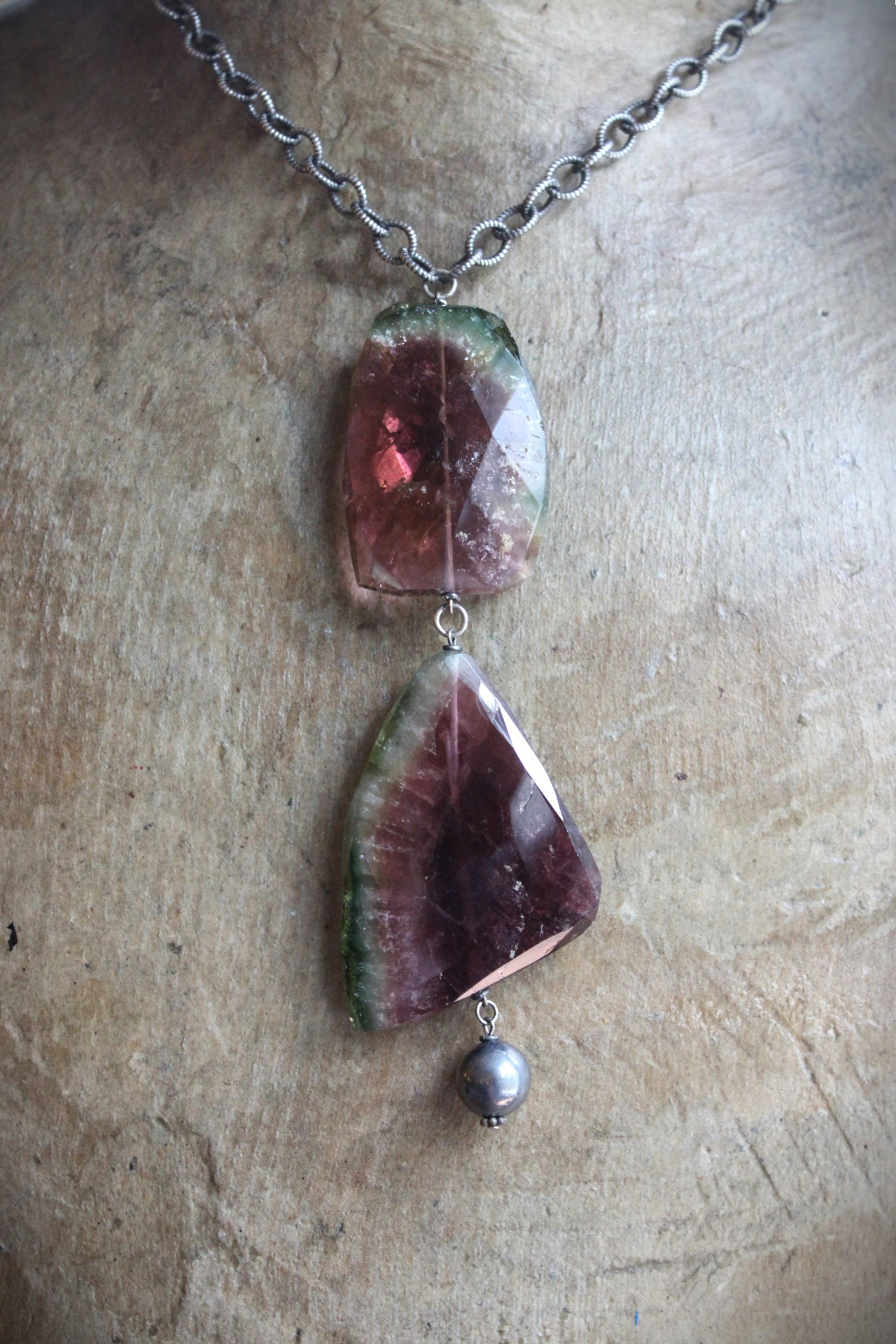 SOLD TO J OOAK Checkerboard Faceted Watermelon Tourmaline Slice Necklace Set with Solid Sterling Chain, Sterling Bead and Antique Wheat Chain Tassel