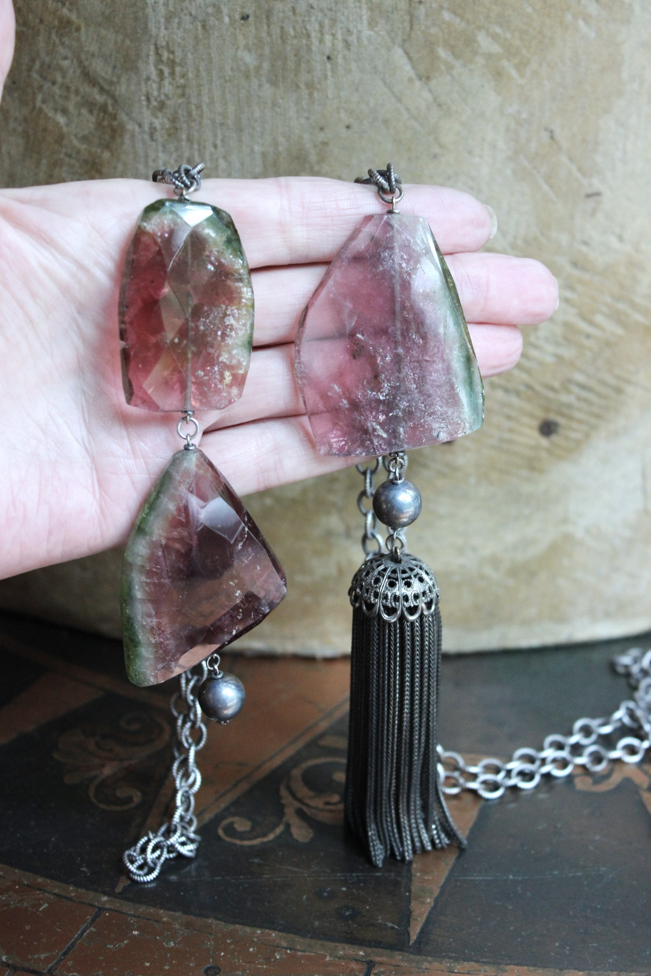 SOLD TO J OOAK Checkerboard Faceted Watermelon Tourmaline Slice Necklace Set with Solid Sterling Chain, Sterling Bead and Antique Wheat Chain Tassel