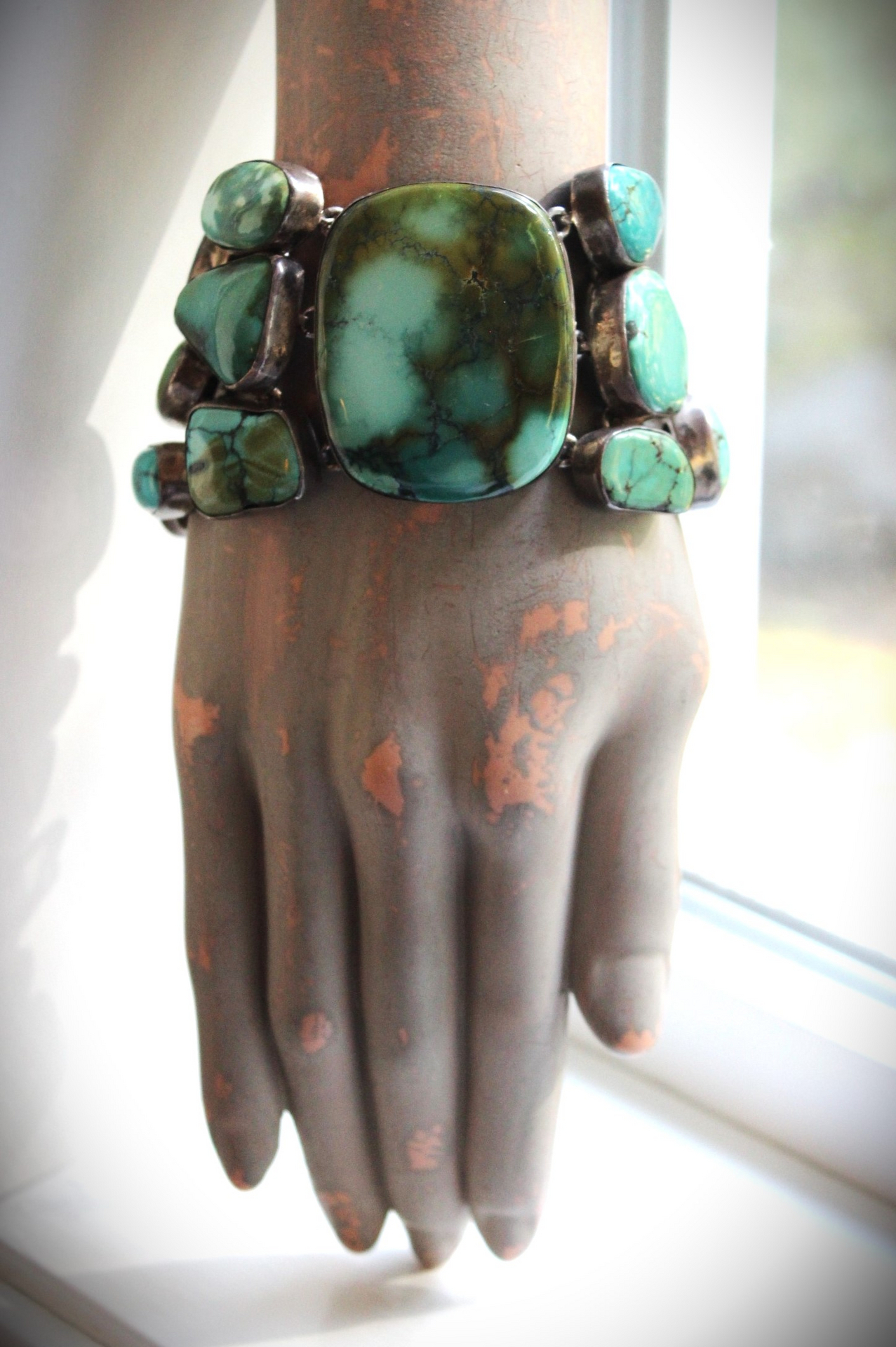 SOLD to J The Healer Bracelet with Sterling Bezel Set Royston Turquoise, Rock Quartz Star,Antique Turquoise Mosaic Bead, Sterling Cross & More!