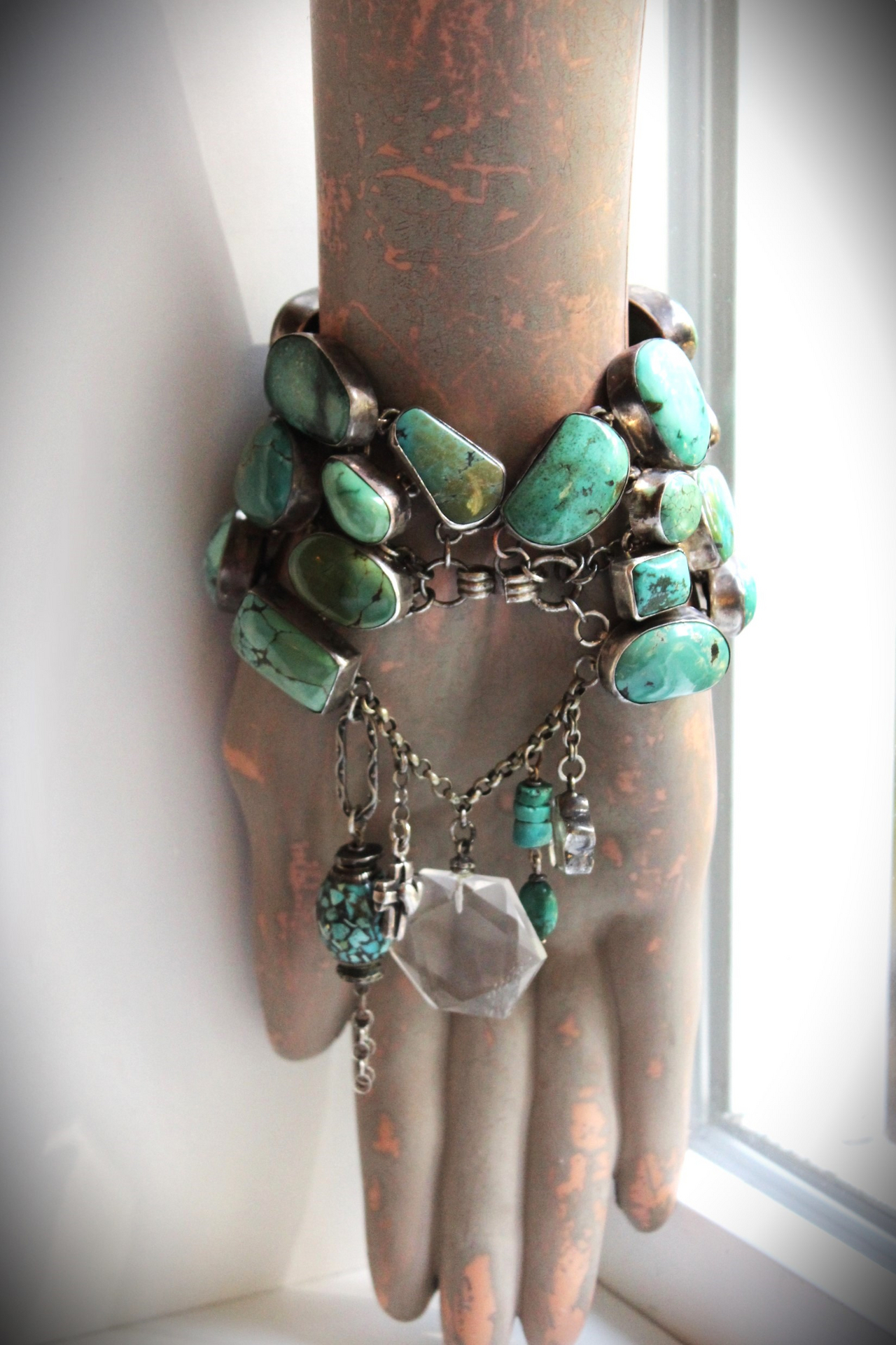 SOLD to J The Healer Bracelet with Sterling Bezel Set Royston Turquoise, Rock Quartz Star,Antique Turquoise Mosaic Bead, Sterling Cross & More!