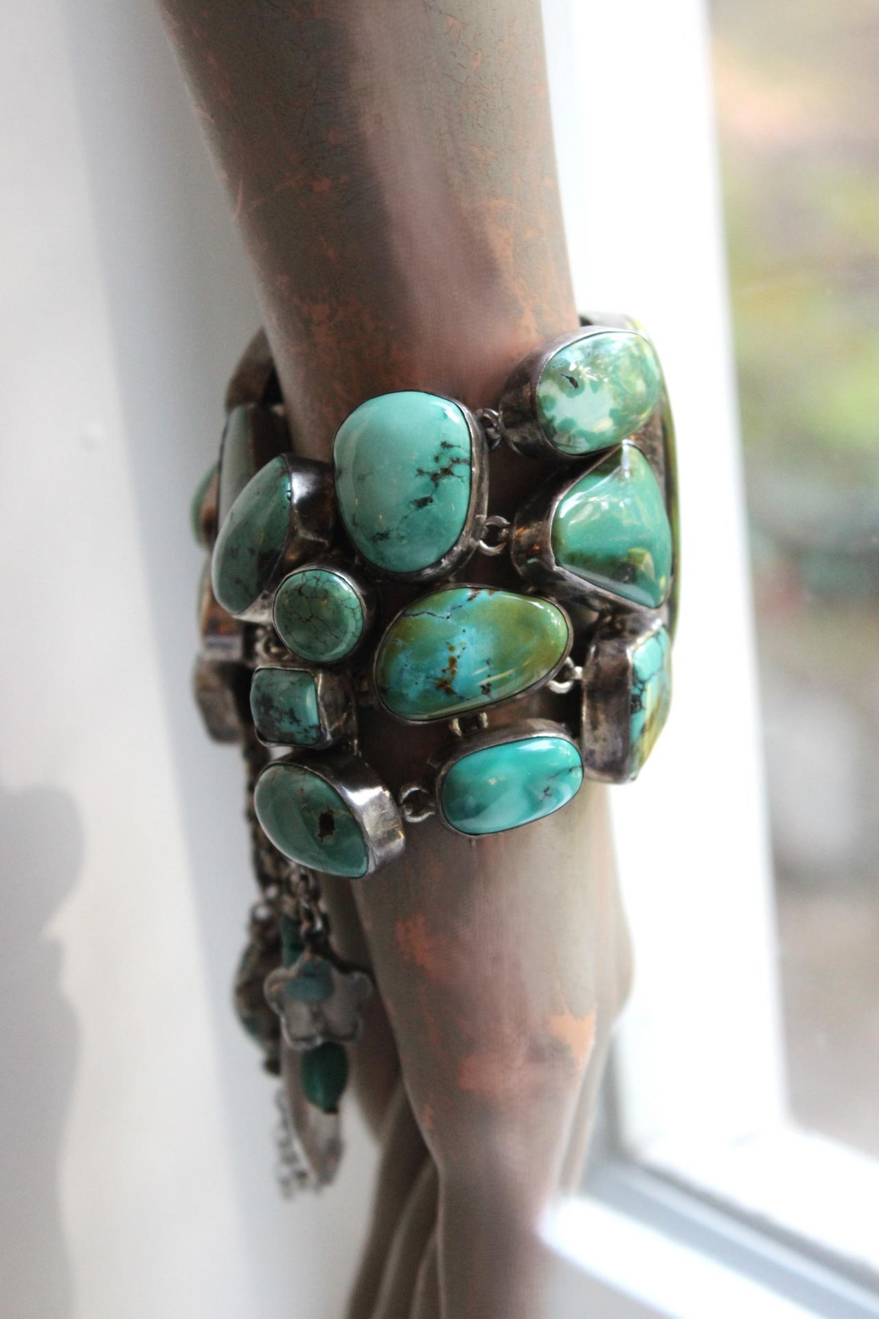 SOLD to J The Healer Bracelet with Sterling Bezel Set Royston Turquoise, Rock Quartz Star,Antique Turquoise Mosaic Bead, Sterling Cross & More!