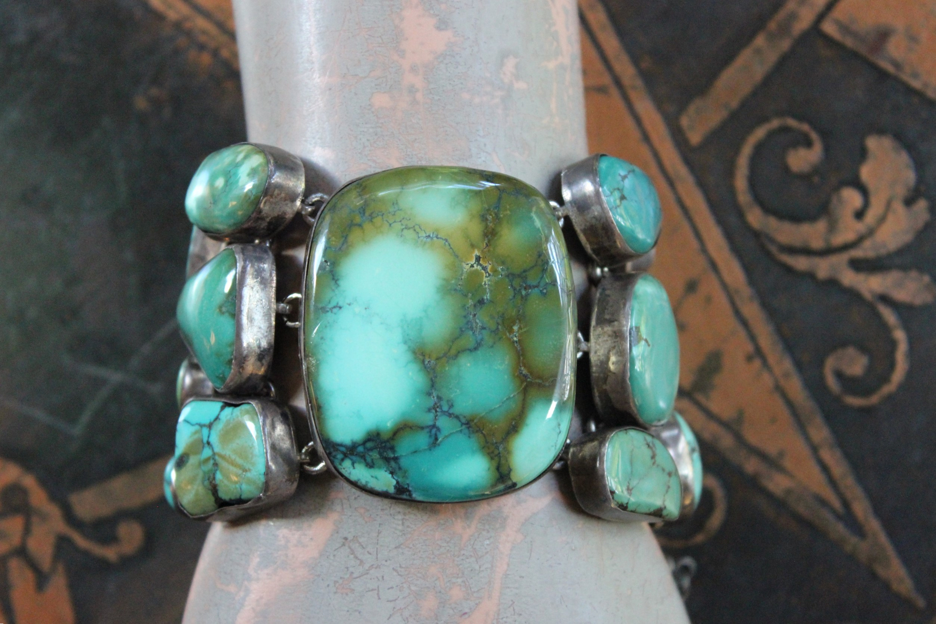 SOLD to J The Healer Bracelet with Sterling Bezel Set Royston Turquoise, Rock Quartz Star,Antique Turquoise Mosaic Bead, Sterling Cross & More!