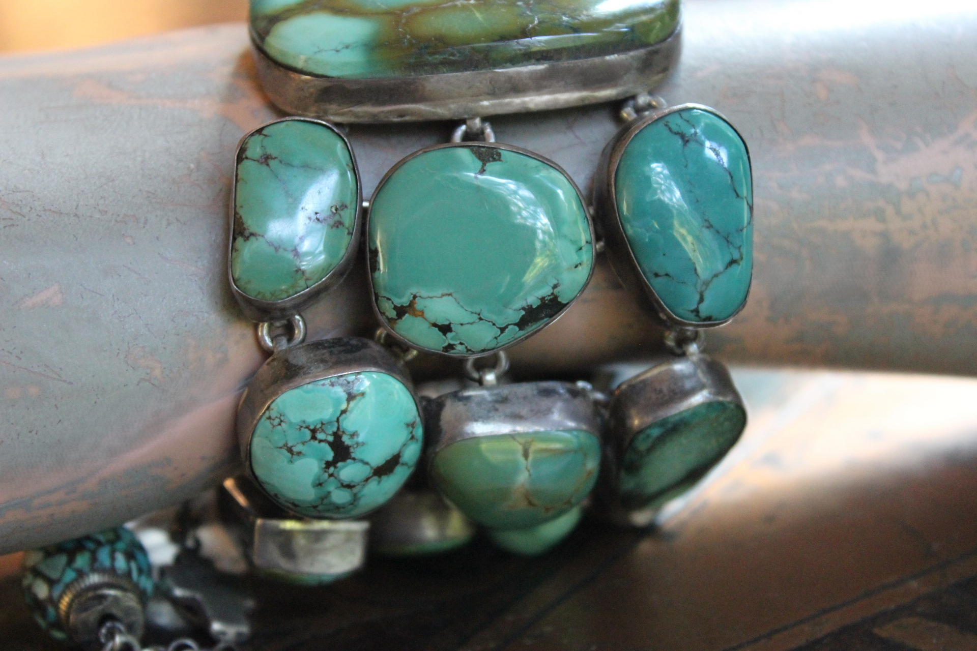 SOLD to J The Healer Bracelet with Sterling Bezel Set Royston Turquoise, Rock Quartz Star,Antique Turquoise Mosaic Bead, Sterling Cross & More!