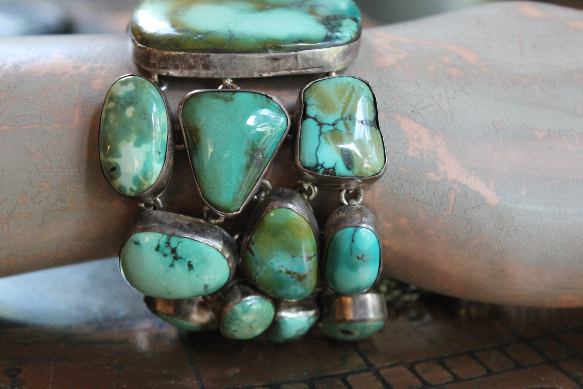 SOLD to J The Healer Bracelet with Sterling Bezel Set Royston Turquoise, Rock Quartz Star,Antique Turquoise Mosaic Bead, Sterling Cross & More!