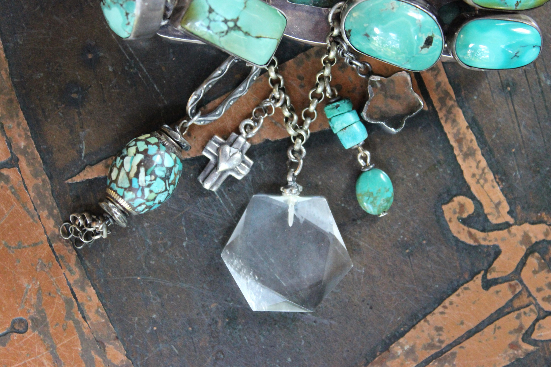 SOLD to J The Healer Bracelet with Sterling Bezel Set Royston Turquoise, Rock Quartz Star,Antique Turquoise Mosaic Bead, Sterling Cross & More!
