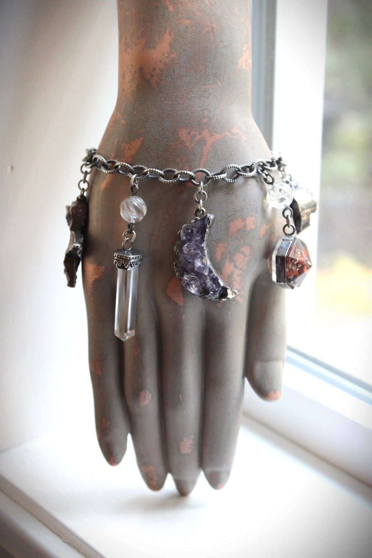 SOLD TO J Earth and Sky Bracelet with Amethyst Crescent Moon,Druzy Star, Organite Drops,Faceted Clear Rock Quartz Point & More!