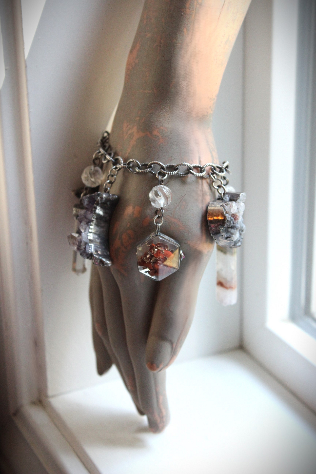 SOLD TO J Earth and Sky Bracelet with Amethyst Crescent Moon,Druzy Star, Organite Drops,Faceted Clear Rock Quartz Point & More!