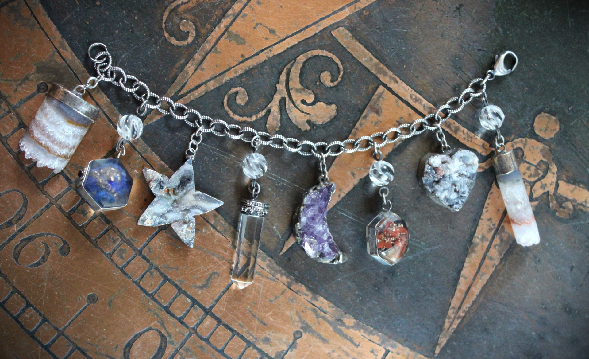 SOLD TO J Earth and Sky Bracelet with Amethyst Crescent Moon,Druzy Star, Organite Drops,Faceted Clear Rock Quartz Point & More!