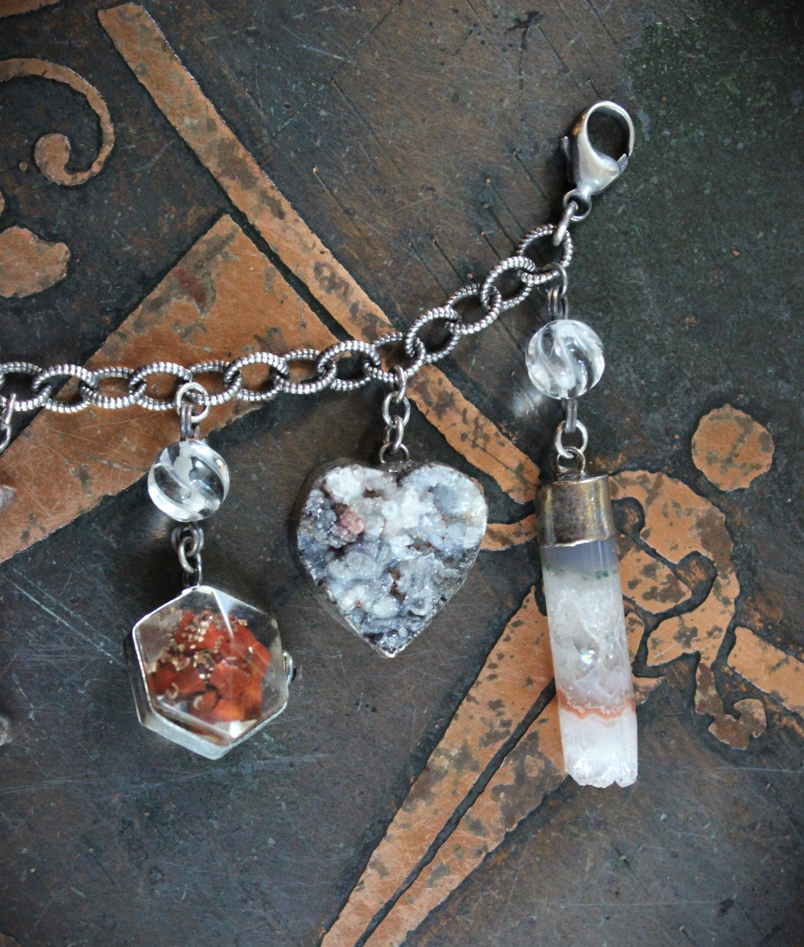 SOLD TO J Earth and Sky Bracelet with Amethyst Crescent Moon,Druzy Star, Organite Drops,Faceted Clear Rock Quartz Point & More!