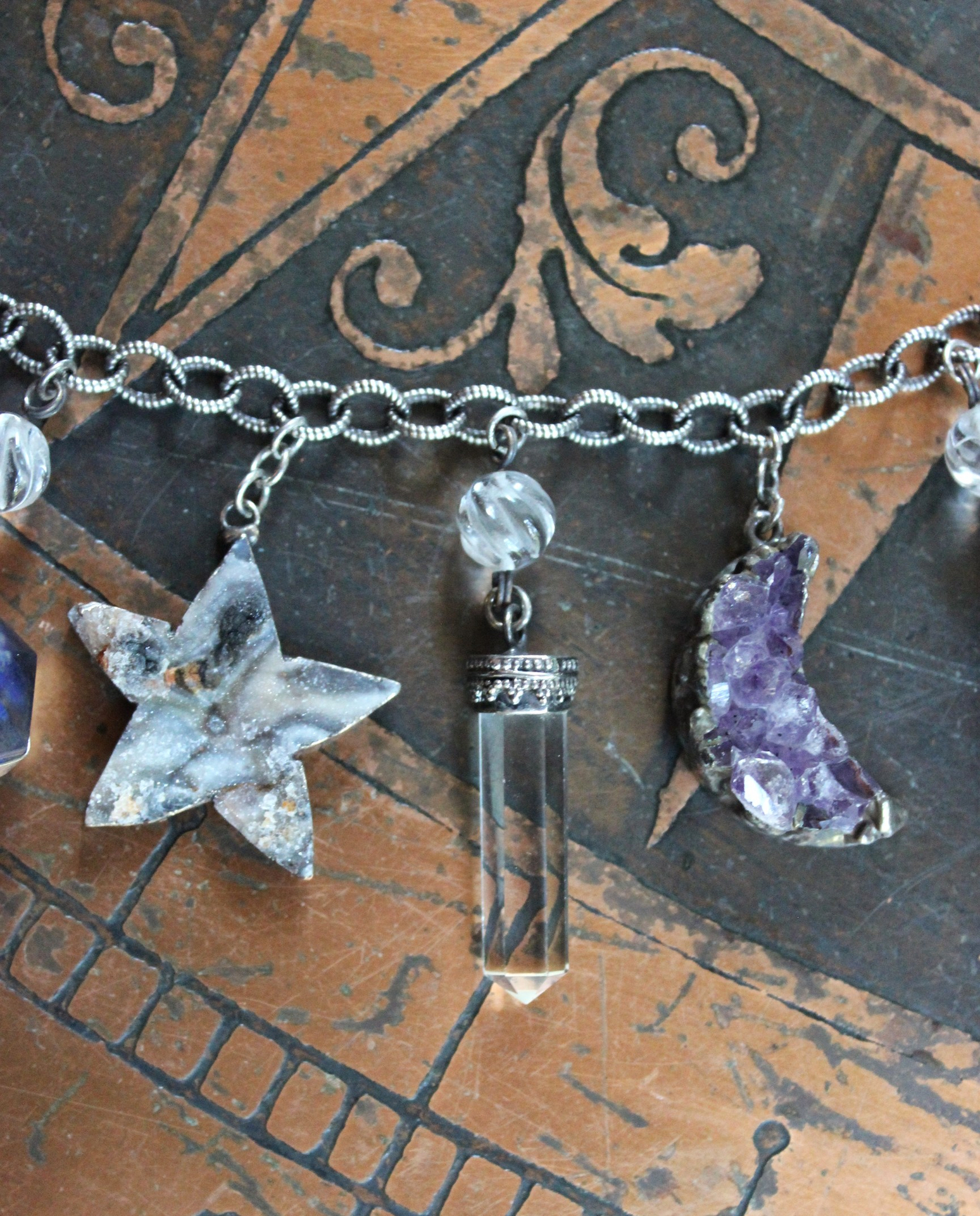 SOLD TO J Earth and Sky Bracelet with Amethyst Crescent Moon,Druzy Star, Organite Drops,Faceted Clear Rock Quartz Point & More!