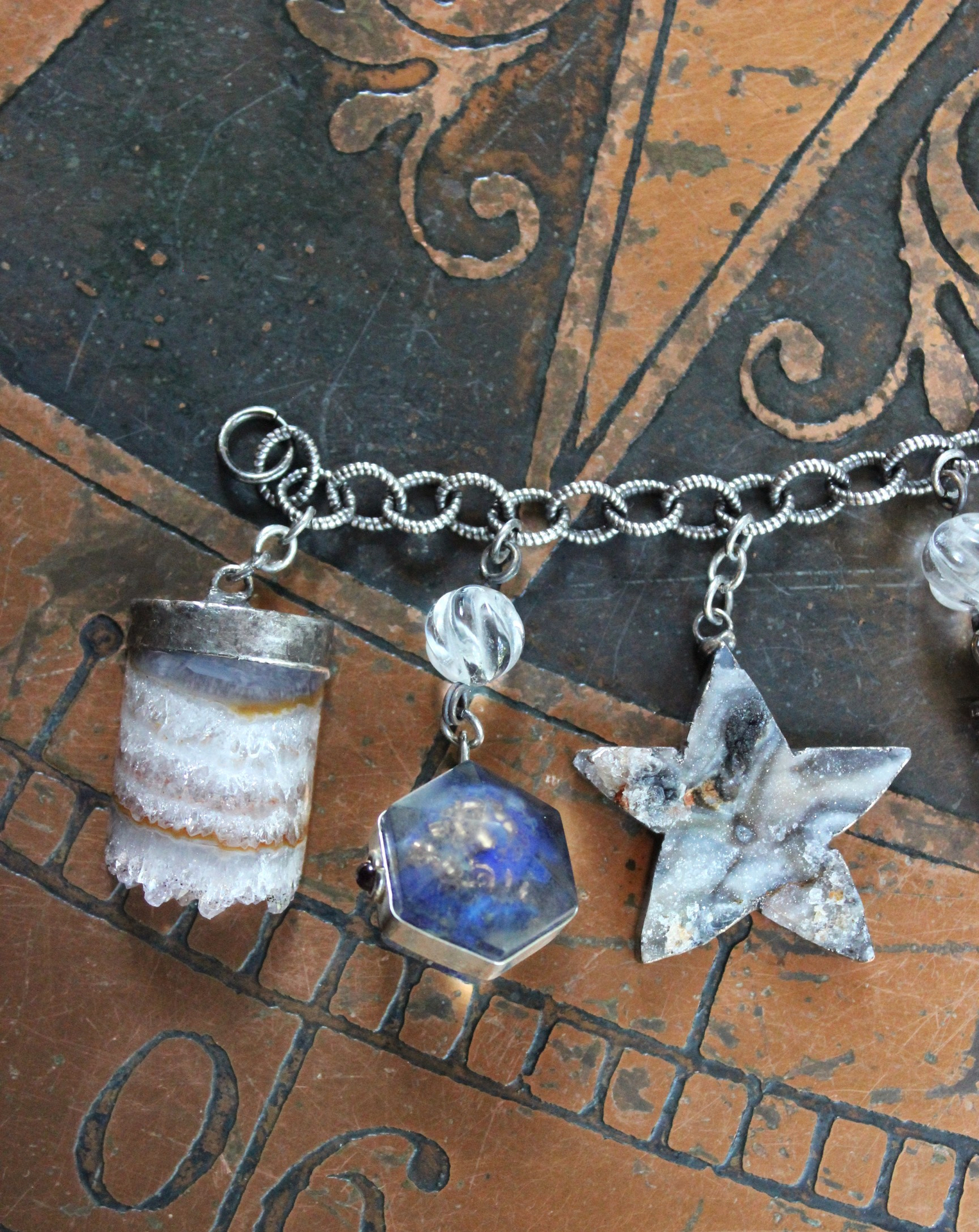 SOLD TO J Earth and Sky Bracelet with Amethyst Crescent Moon,Druzy Star, Organite Drops,Faceted Clear Rock Quartz Point & More!