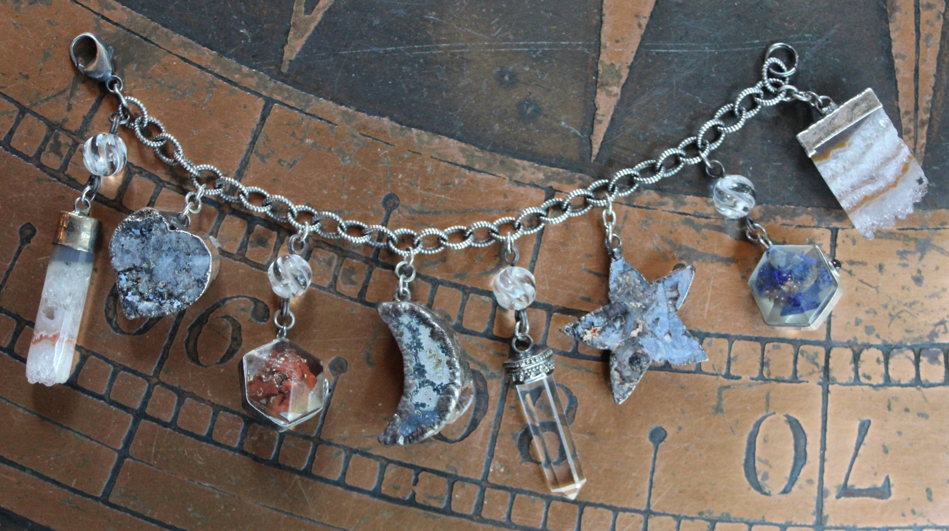 SOLD TO J Earth and Sky Bracelet with Amethyst Crescent Moon,Druzy Star, Organite Drops,Faceted Clear Rock Quartz Point & More!