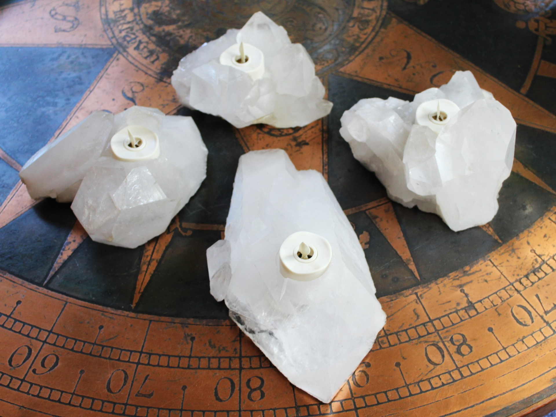 Premium Brazilian Quartz Point Candle Holders with 4 Luminara Tea Light Flameless Candles