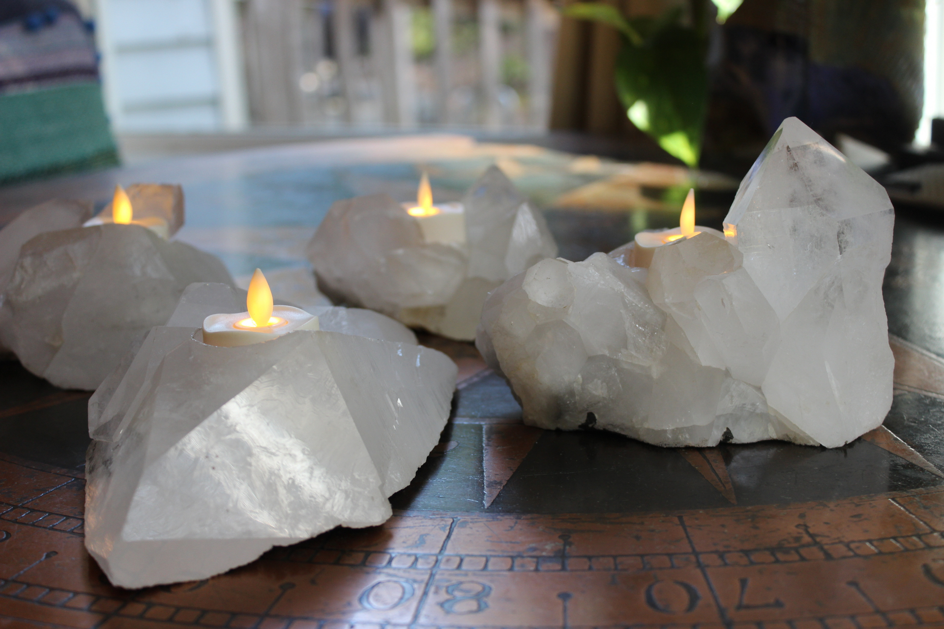 Premium Brazilian Quartz Point Candle Holders with 4 Luminara Tea Light Flameless Candles