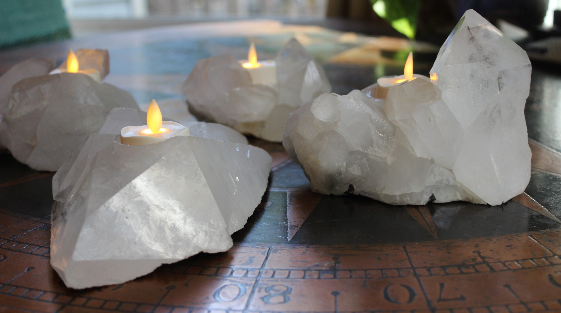 Premium Brazilian Quartz Point Candle Holders with 4 Luminara Tea Light Flameless Candles