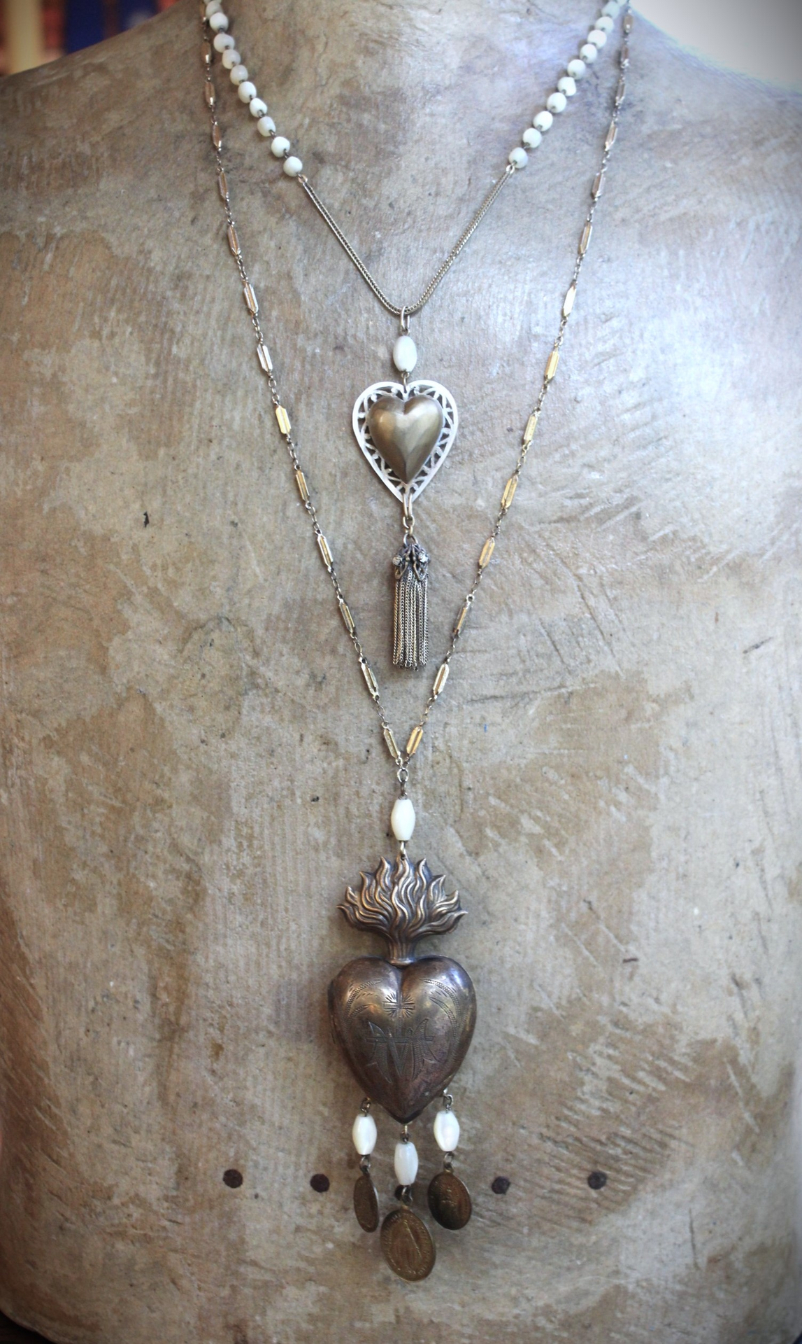 Antique French Carved MOP Heart Necklace with Tiny Antique French Rosary MOP Chain,Unique Antique Foxtail Chain Tassel, Foxtail Chain
