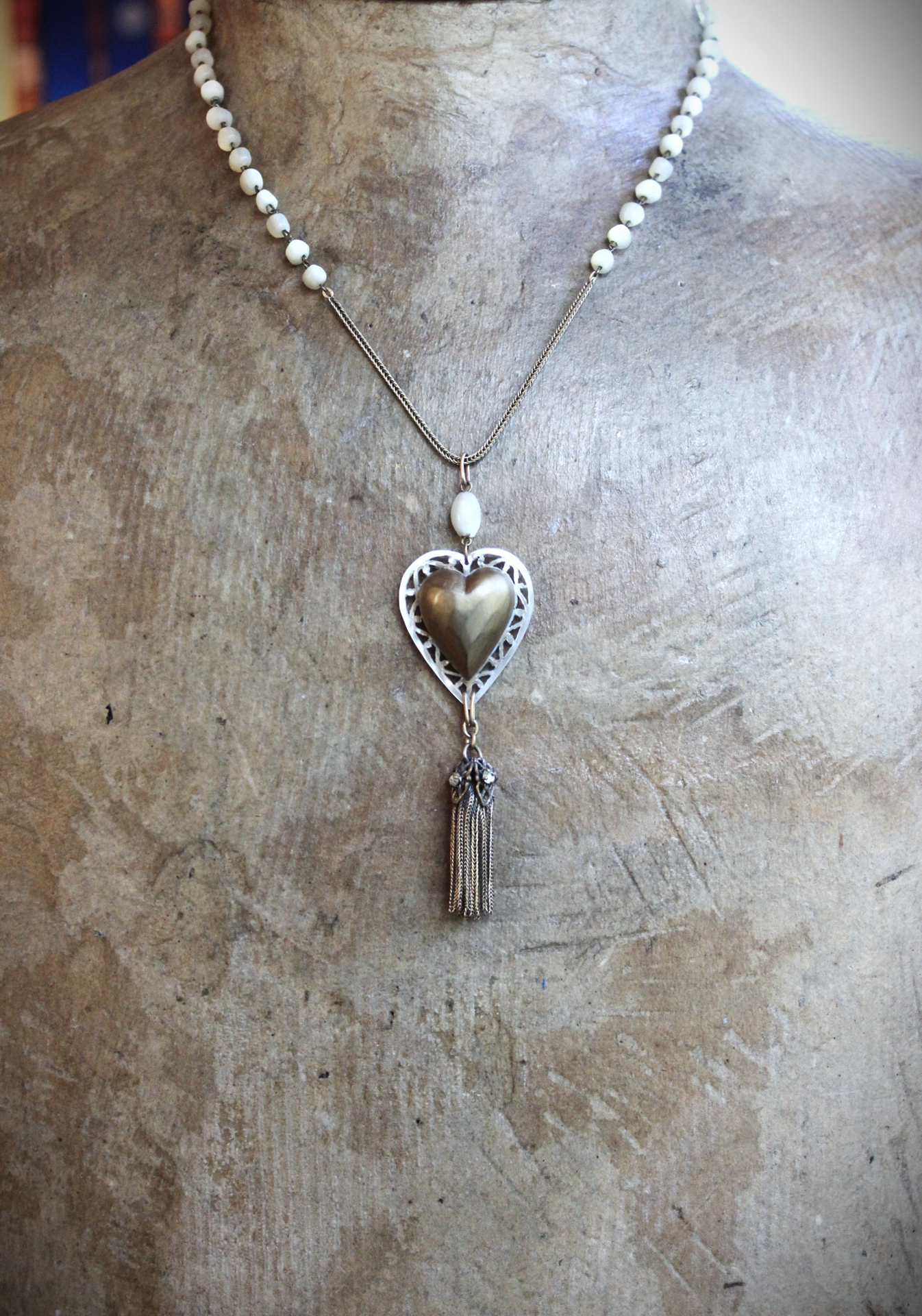 Antique French Carved MOP Heart Necklace with Tiny Antique French Rosary MOP Chain,Unique Antique Foxtail Chain Tassel, Foxtail Chain