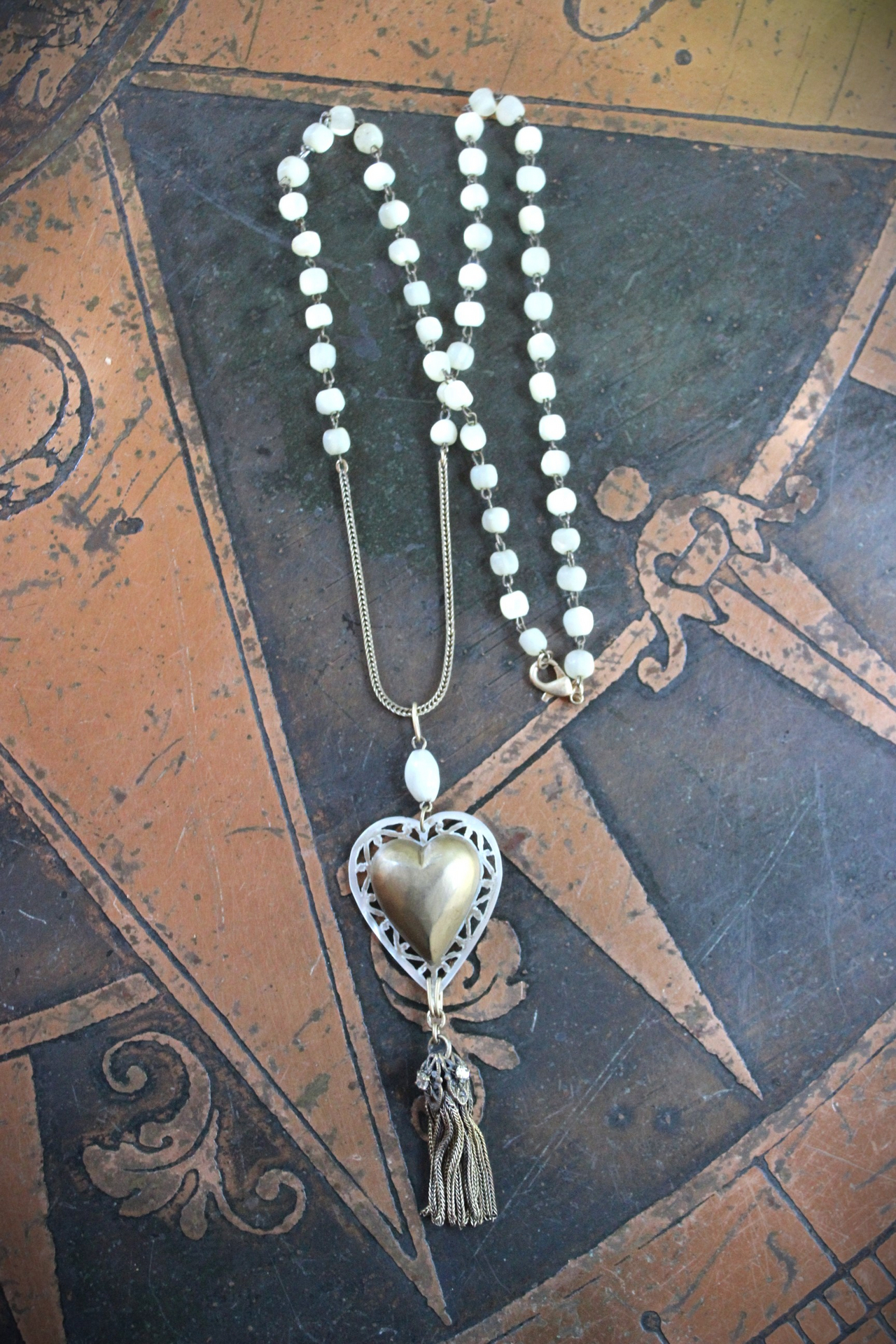 Antique French Carved MOP Heart Necklace with Tiny Antique French Rosary MOP Chain,Unique Antique Foxtail Chain Tassel, Foxtail Chain