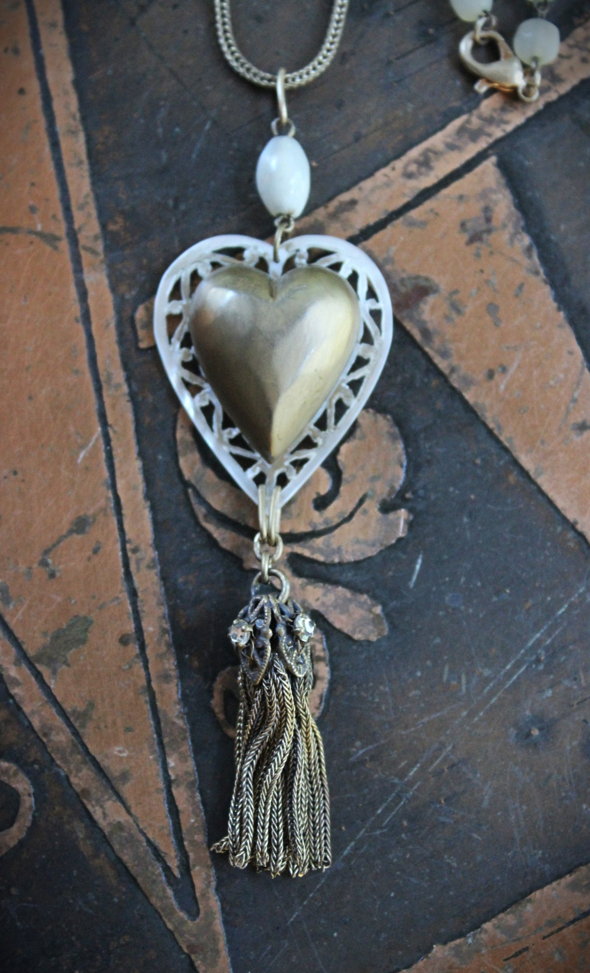 Antique French Carved MOP Heart Necklace with Tiny Antique French Rosary MOP Chain,Unique Antique Foxtail Chain Tassel, Foxtail Chain