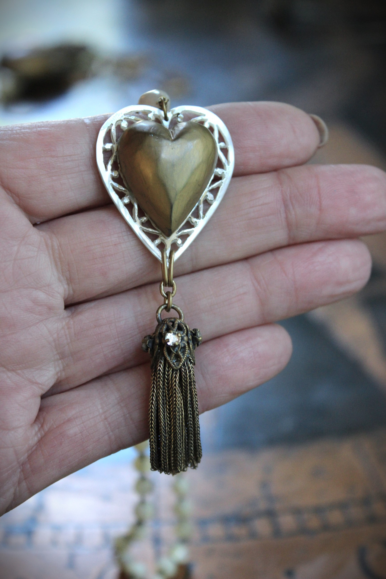 Antique French Carved MOP Heart Necklace with Tiny Antique French Rosary MOP Chain,Unique Antique Foxtail Chain Tassel, Foxtail Chain