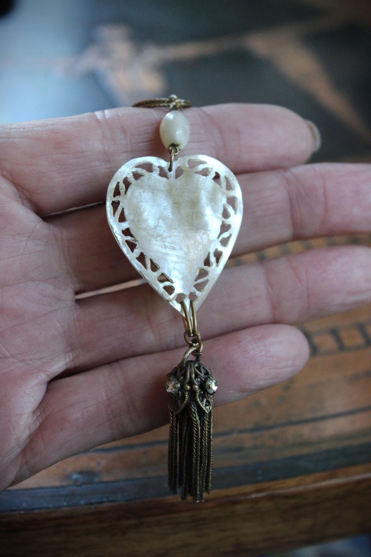 Antique French Carved MOP Heart Necklace with Tiny Antique French Rosary MOP Chain,Unique Antique Foxtail Chain Tassel, Foxtail Chain