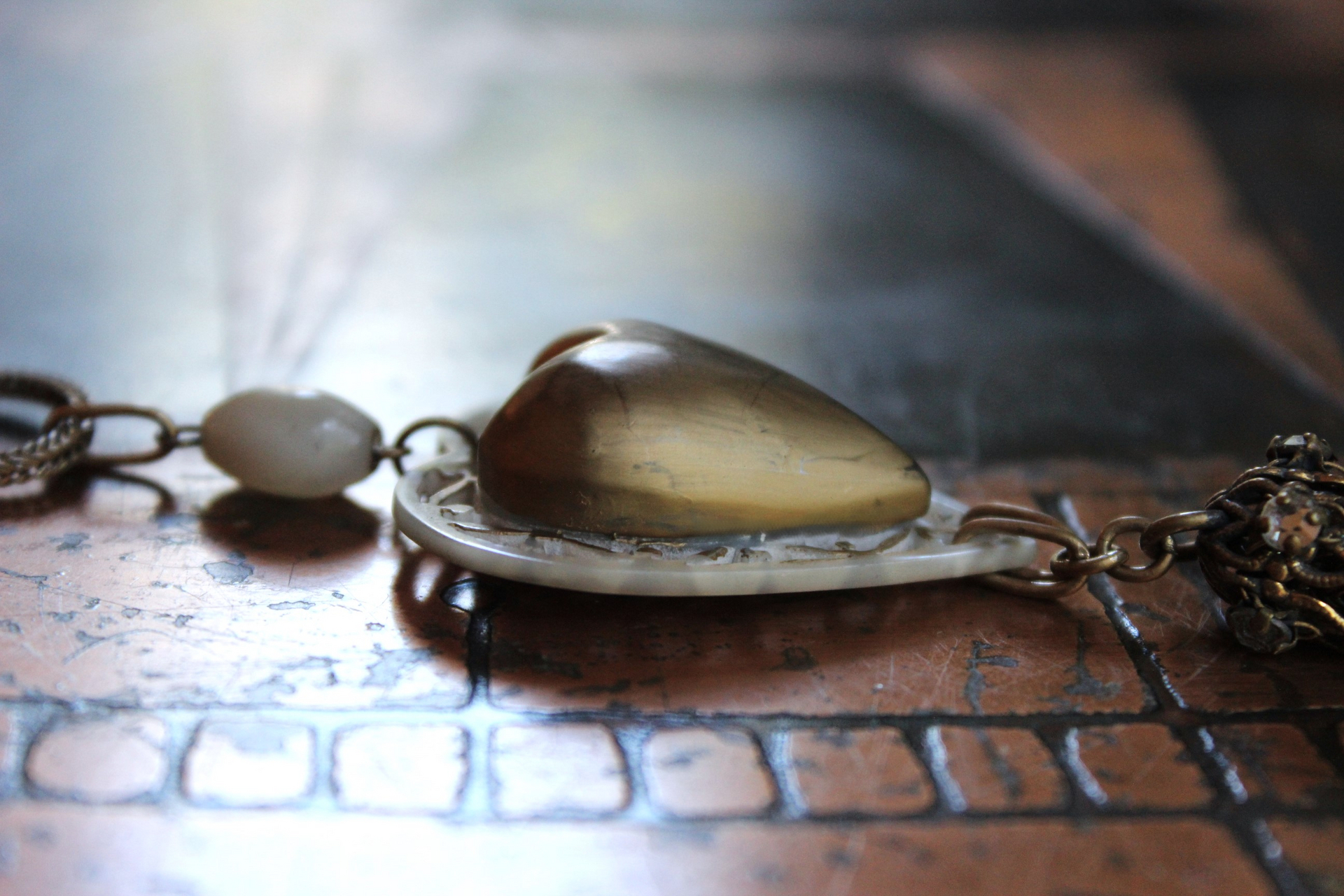 Antique French Carved MOP Heart Necklace with Tiny Antique French Rosary MOP Chain,Unique Antique Foxtail Chain Tassel, Foxtail Chain