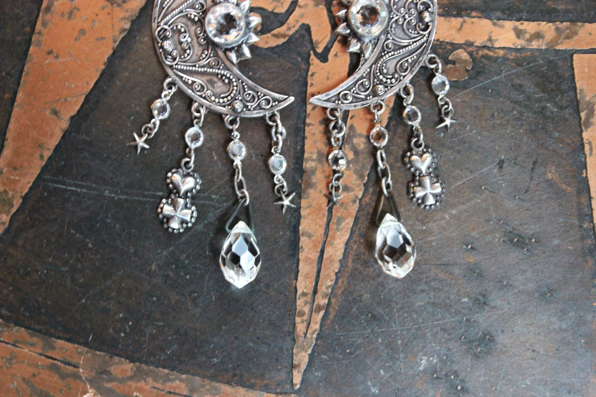 Light Persists Earrings w/Intricate Antique Sterling Crescent Moons, Tiny Sterling Stars, Faceted Rock Crystal Tear Drops,Sterling Heart Cross